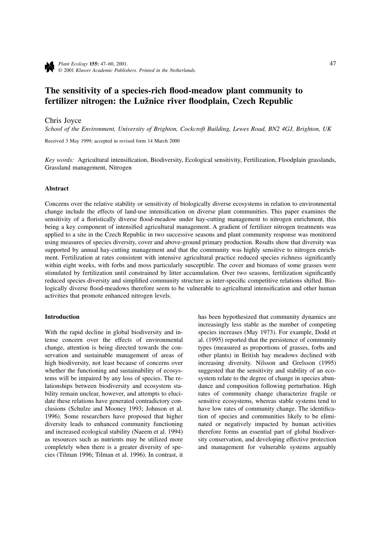 The sensitivity of a species-rich flood-meadow plant community to fertilizer nitrogen: the Lužnice river floodplain, Czech Republic by Unknown