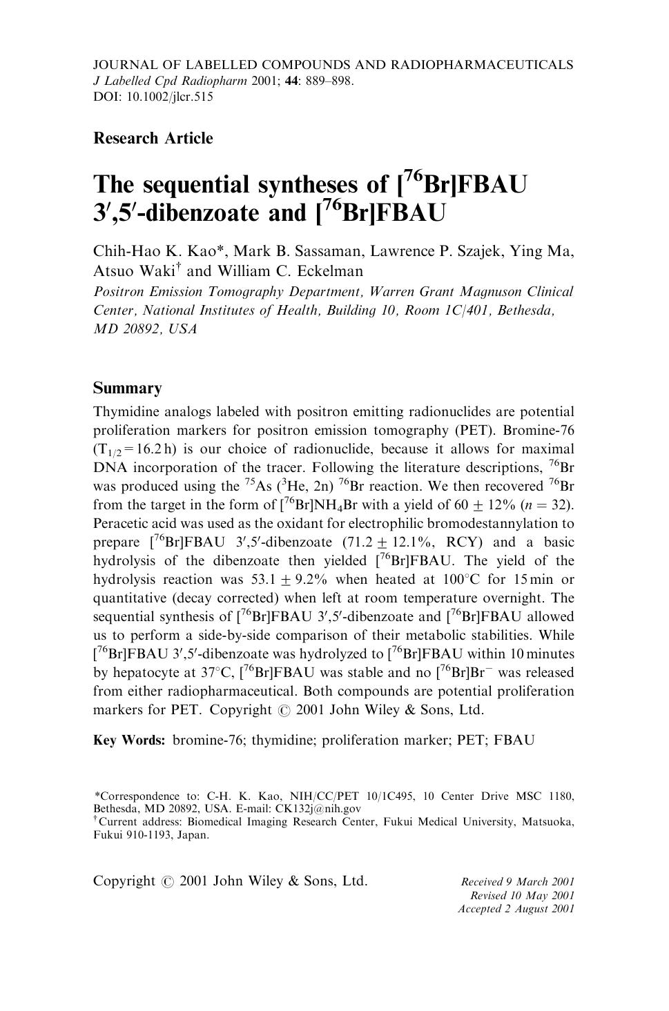 The sequential syntheses of [76Br]FBAU 3[prime],5[prime]-dibenzoate and [76Br]FBAU by Unknown