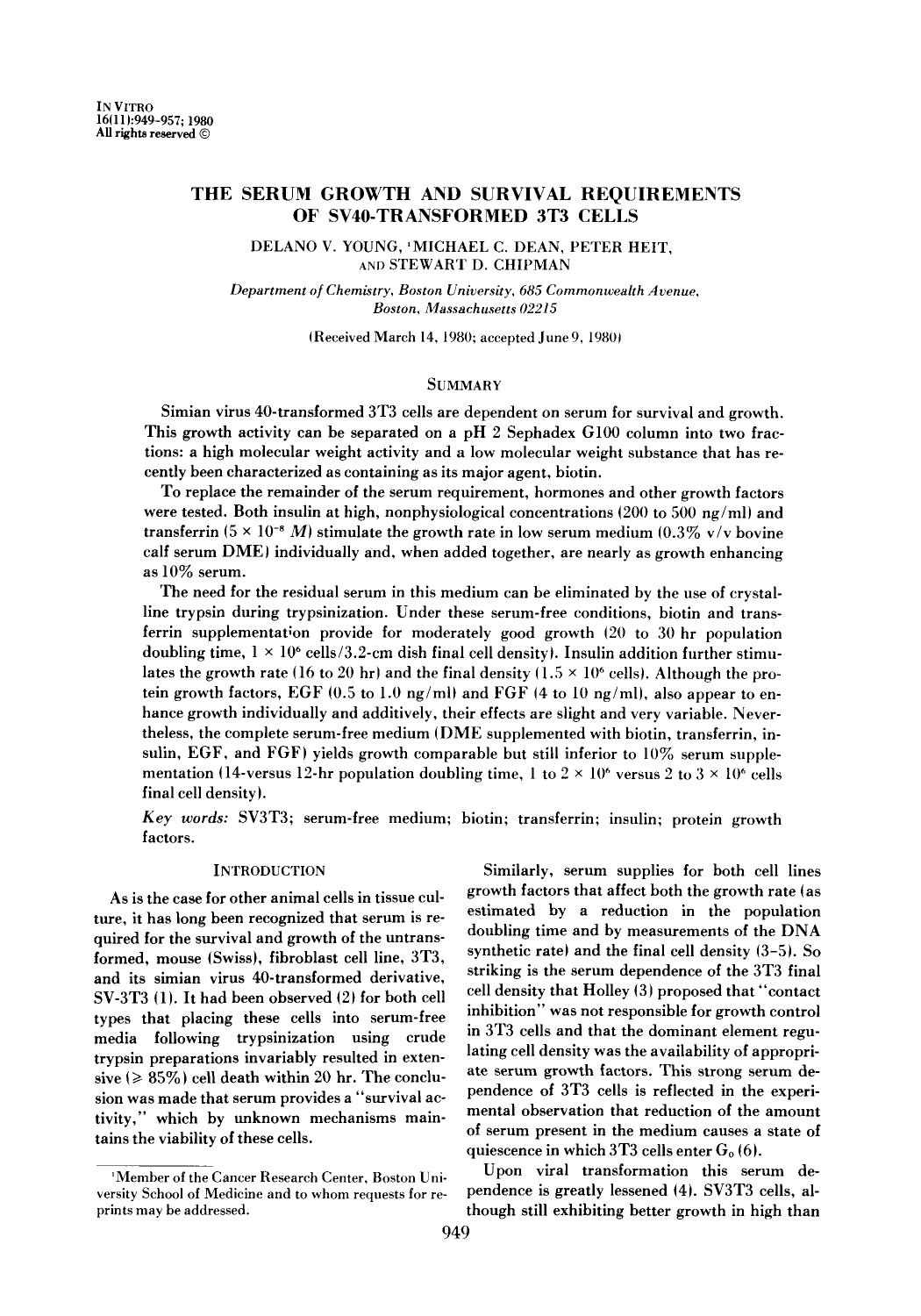The serum growth and survival requirements of SV40-transformed 3T3 cells by Unknown