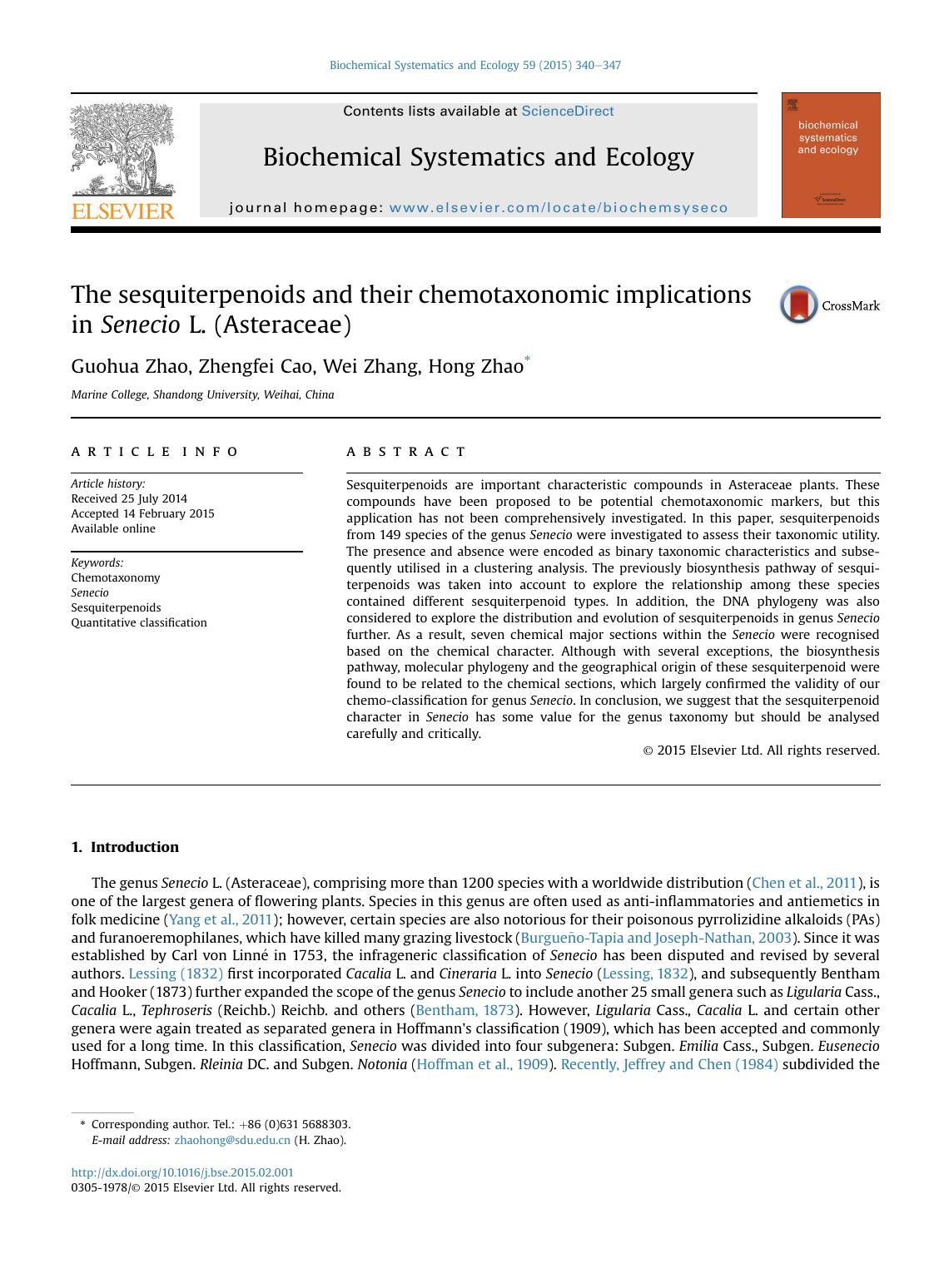 The sesquiterpenoids and their chemotaxonomic implications in Senecio L. (Asteraceae) by Guohua Zhao & Zhengfei Cao & Wei Zhang & Hong Zhao