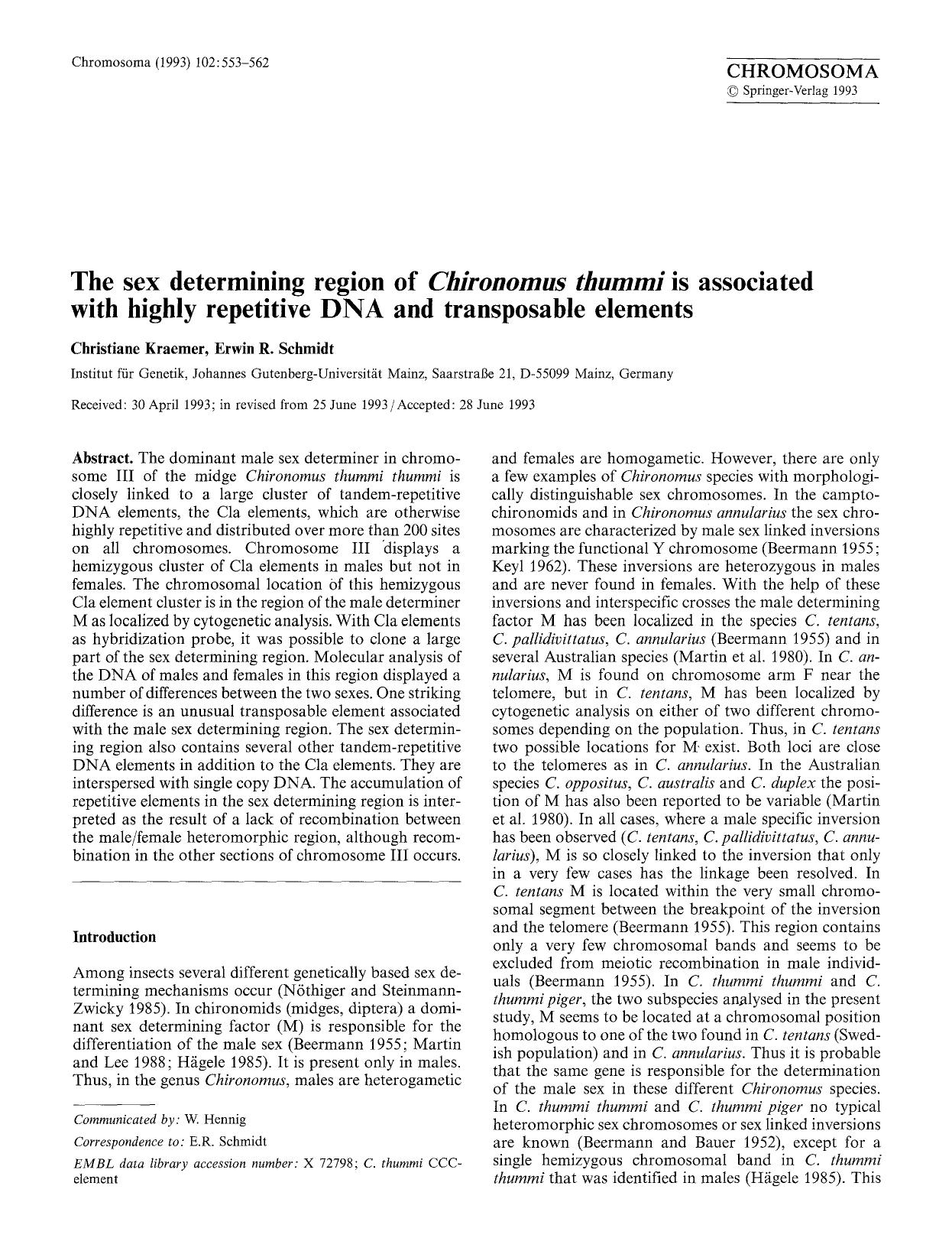 The sex determining region of <Emphasis Type="Italic">Chironomus thummi<Emphasis> is associated with highly repetitive DNA and transposable elements by Unknown