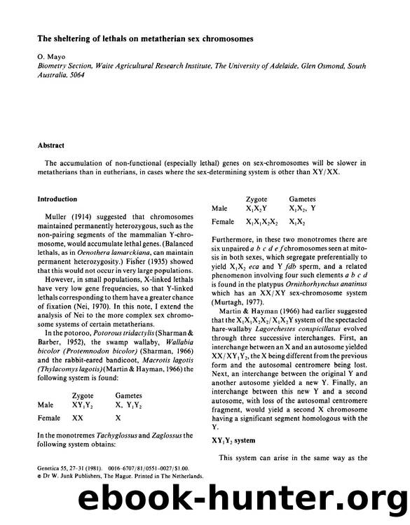 The sheltering of lethals on metatherian sex chromosomes by Unknown