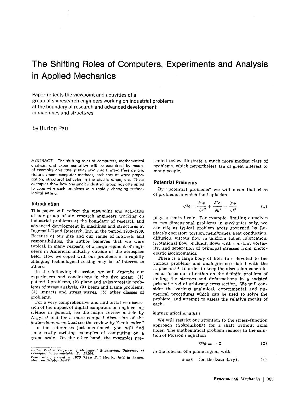 The shifting roles of computers, experiments and analysis in applied mechanics by Unknown