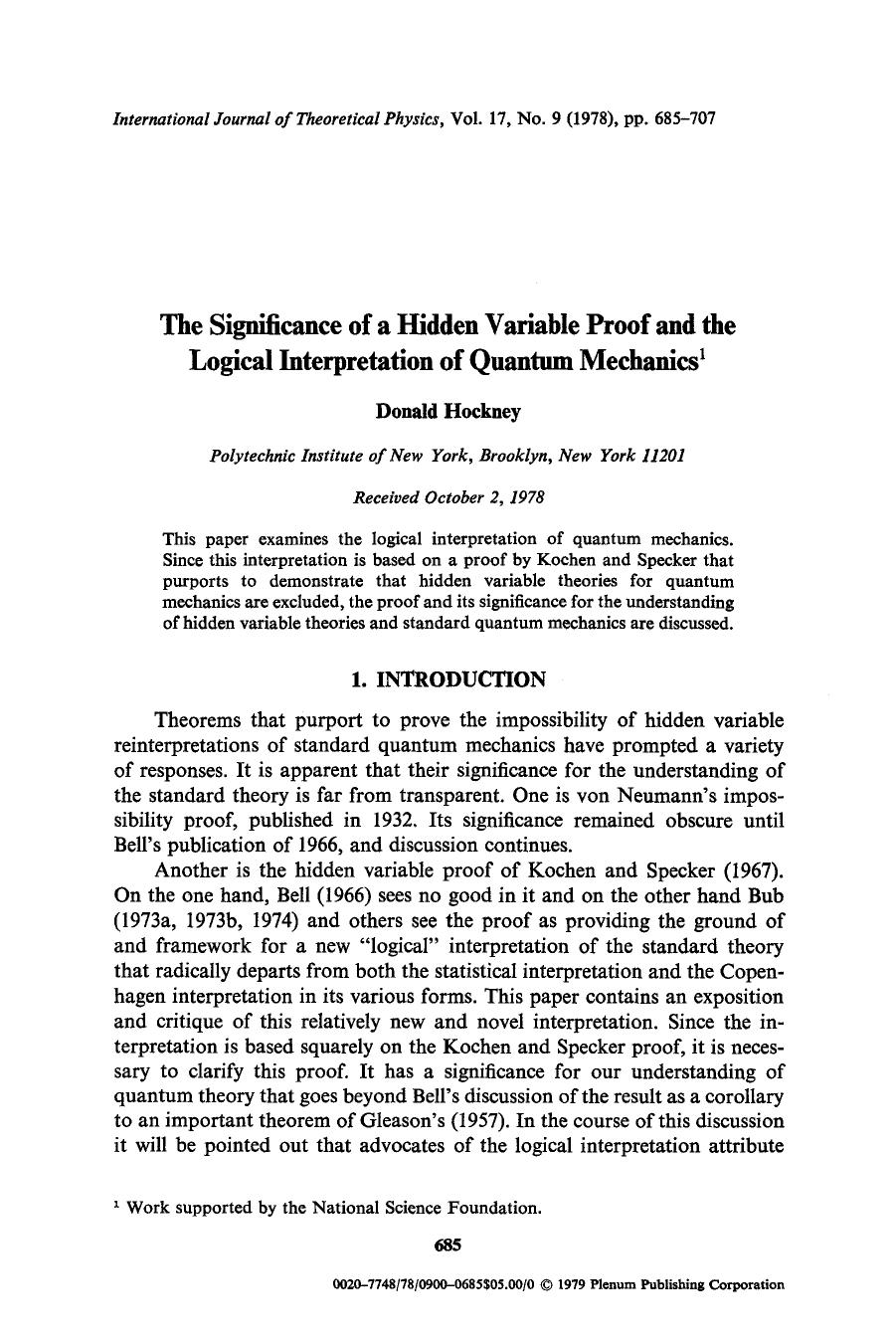 The significance of a hidden variable proof and the logical interpretation of quantum mechanics by Unknown