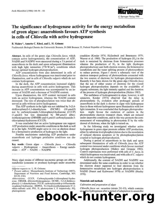 The significance of hydrogenase activity for the energy metabolism of green algae: anaerobiosis favours ATP synthesis in cells of <Emphasis Type="Italic">Chlorella<Emphasis> with active hydrogenase by Unknown