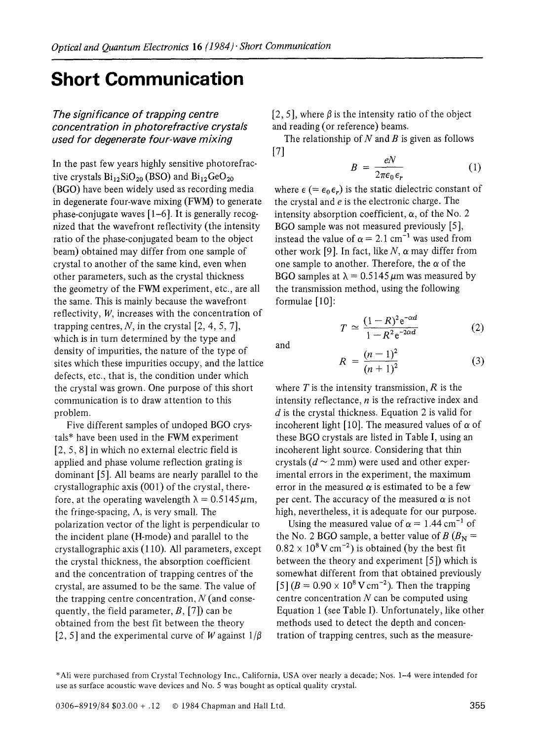The significance of trapping centre concentration in photorefractive crystals used for degenerate four-wave mixing by Unknown