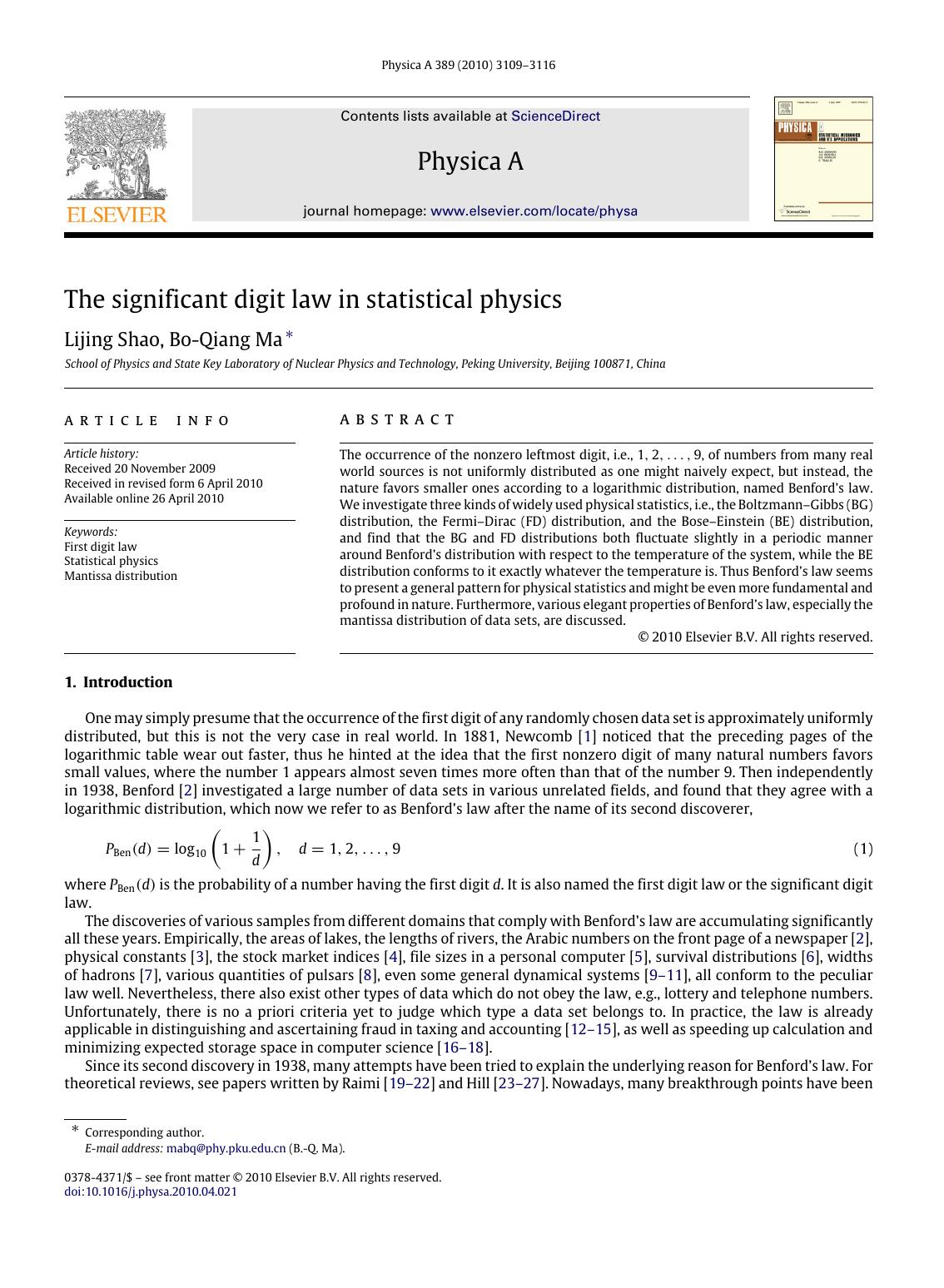 The significant digit law in statistical physics by Lijing Shao; Bo-Qiang Ma