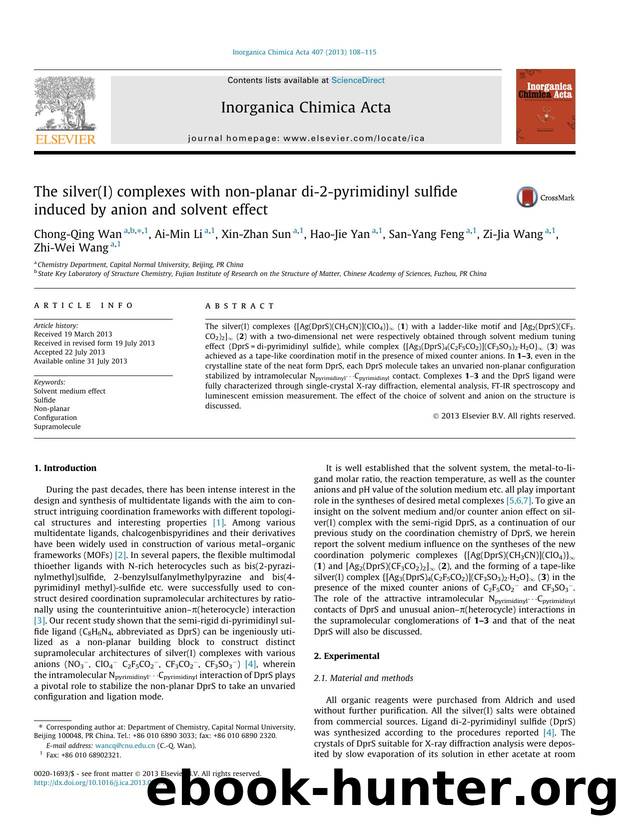 The silver(I) complexes with non-planar di-2-pyrimidinyl sulfide induced by anion and solvent effect by Chong-Qing Wan & Ai-Min Li & Xin-Zhan Sun & Hao-Jie Yan & San-Yang Feng & Zi-Jia Wang & Zhi-Wei Wang