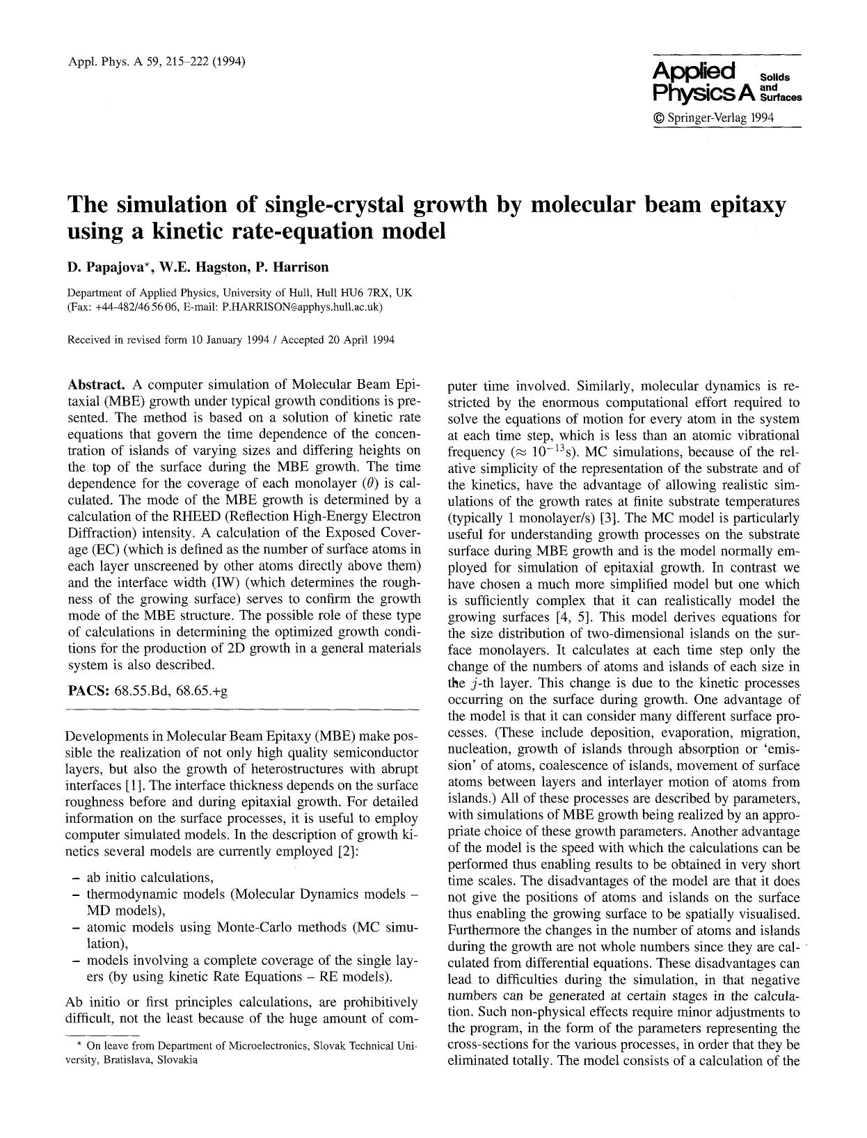 The simulation of single-crystal growth by molecular beam epitaxy using a kinetic rate-equation model by Unknown
