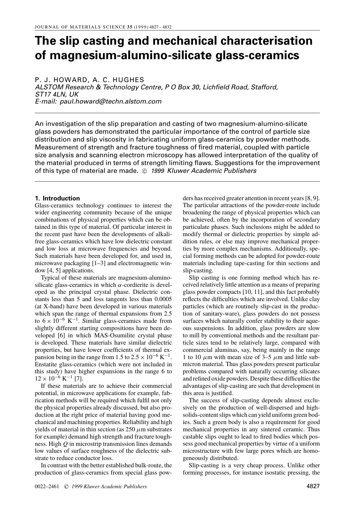 The slip casting and mechanical characterisation of magnesium-alumino-silicate glass-ceramics by Unknown