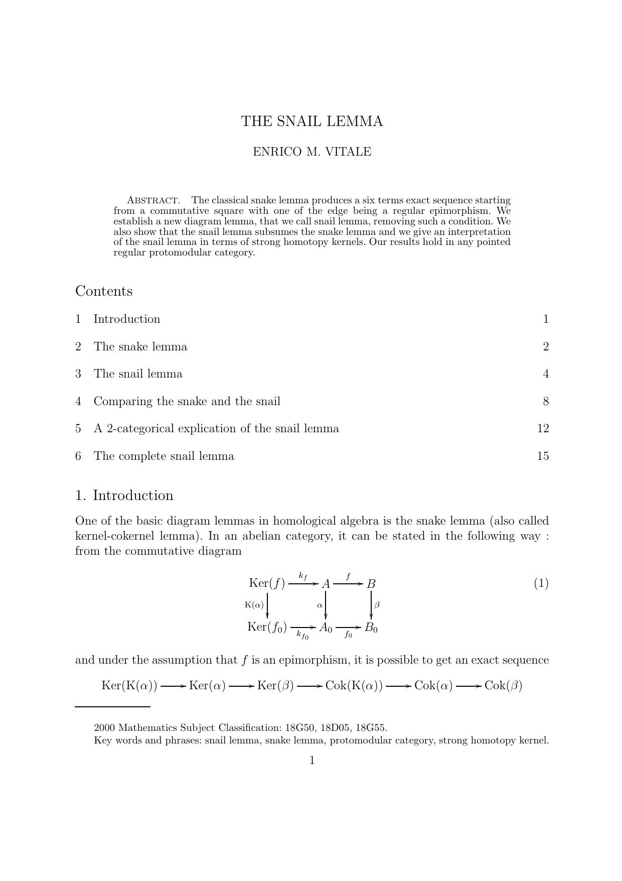 The snail lemma [expository notes] by Enrico Maria Vitale