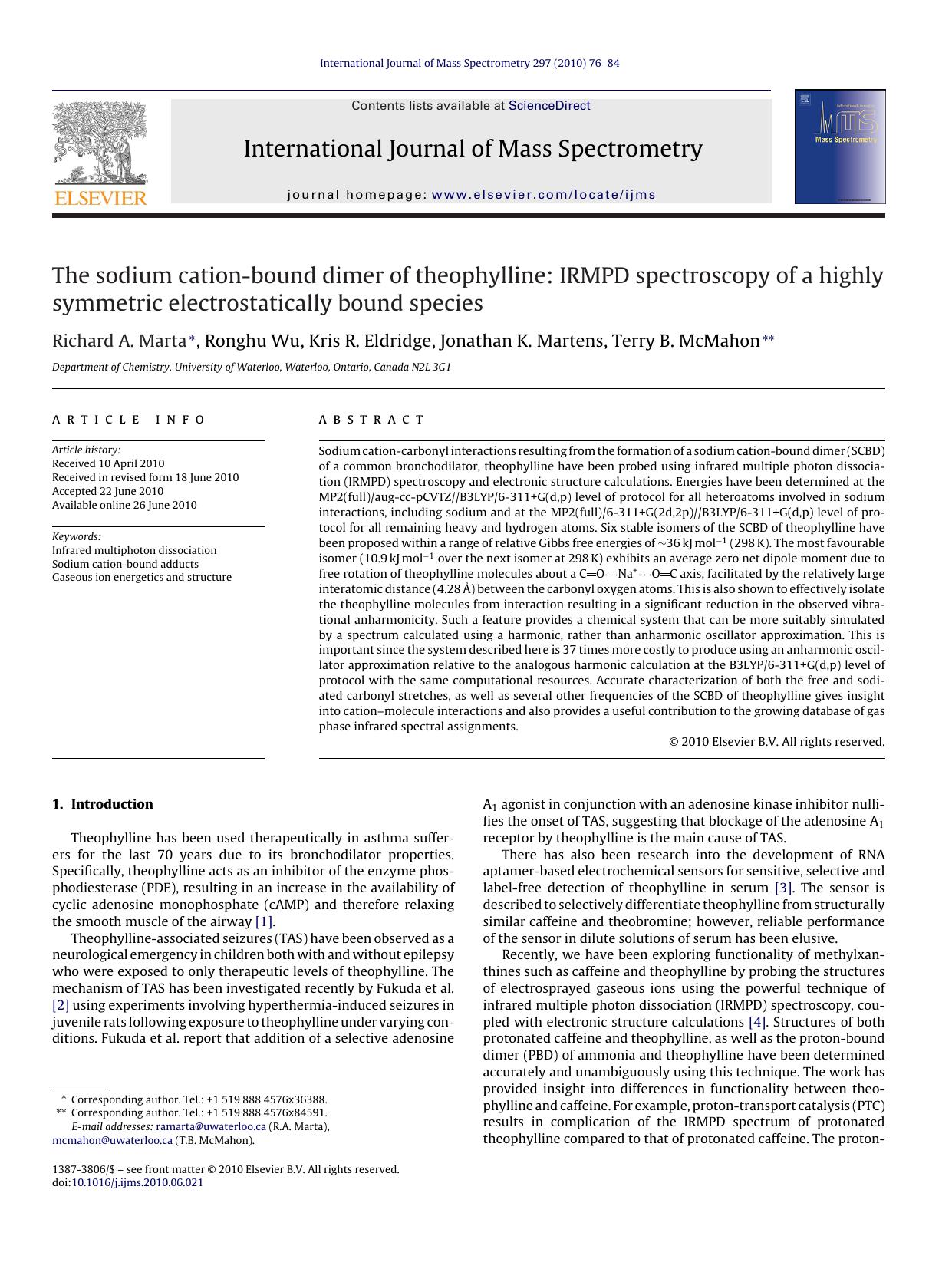 The sodium cation-bound dimer of theophylline: IRMPD spectroscopy of a highly symmetric electrostatically bound species by Richard A. Marta