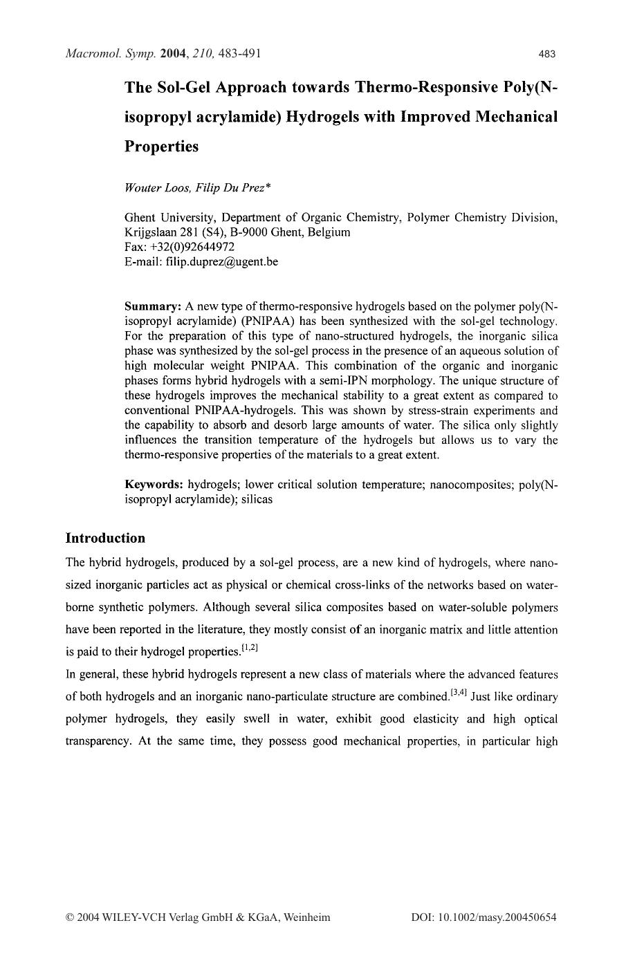 The sol-gel approach towards thermo-responsive poly(N-isopropyl acrylamide) hydrogels with improved mechanical properties by Unknown
