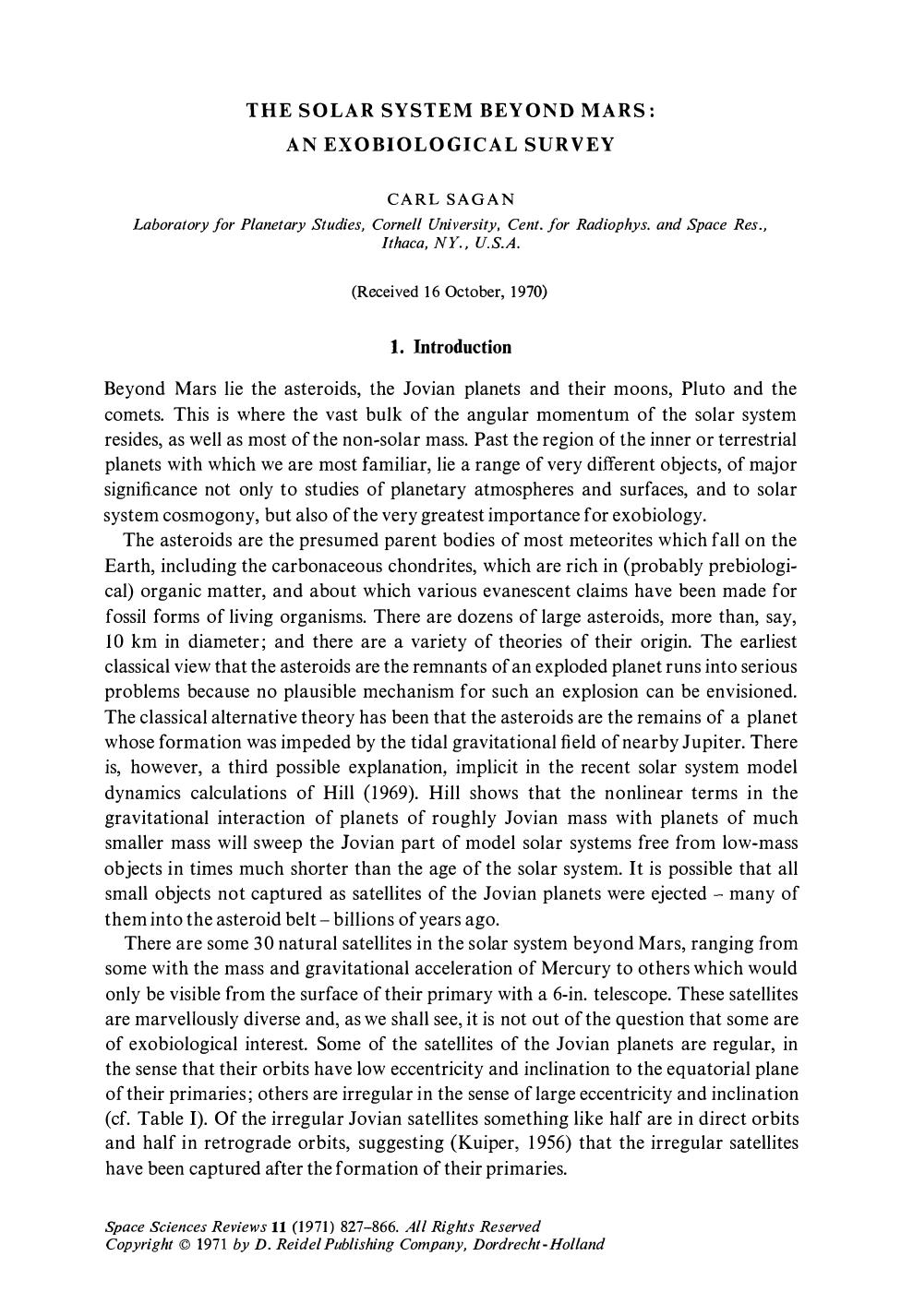 The solar system beyond Mars: An exobiological survey by Unknown