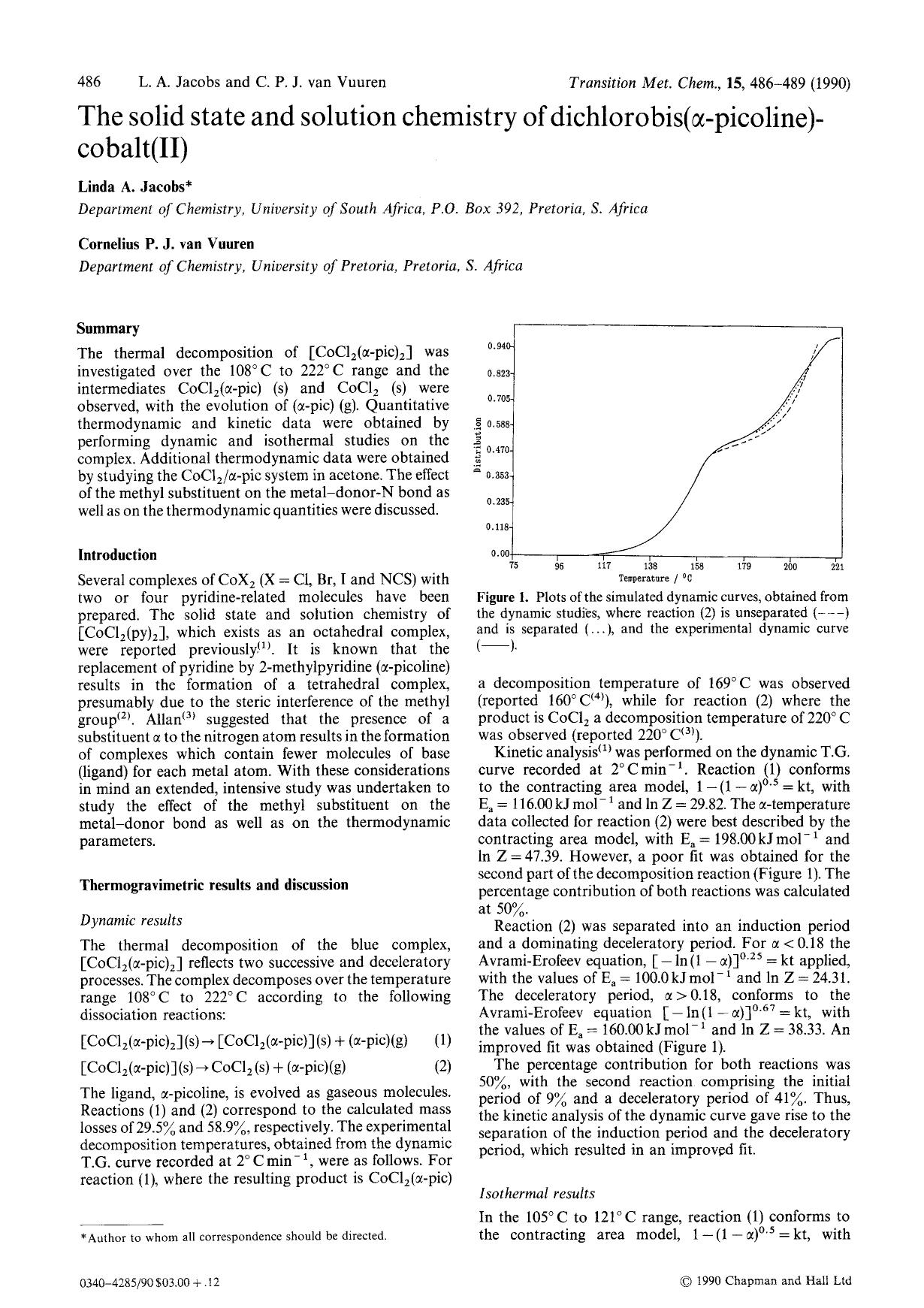 The solid state and solution chemistry of dichlorobis(&#x03B1;-picoline)-cobalt(II) by Unknown