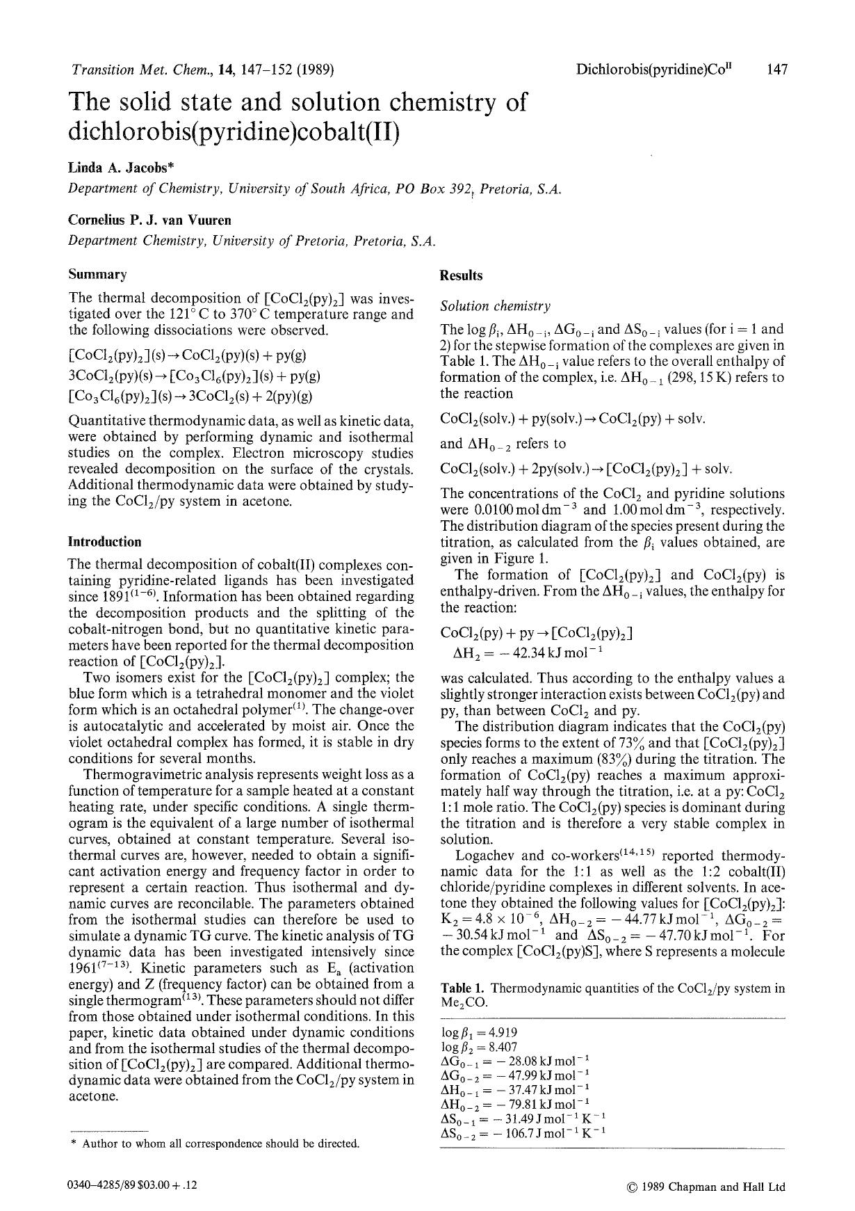 The solid state and solution chemistry of dichlorobis(pyridine)cobalt(II) by Unknown
