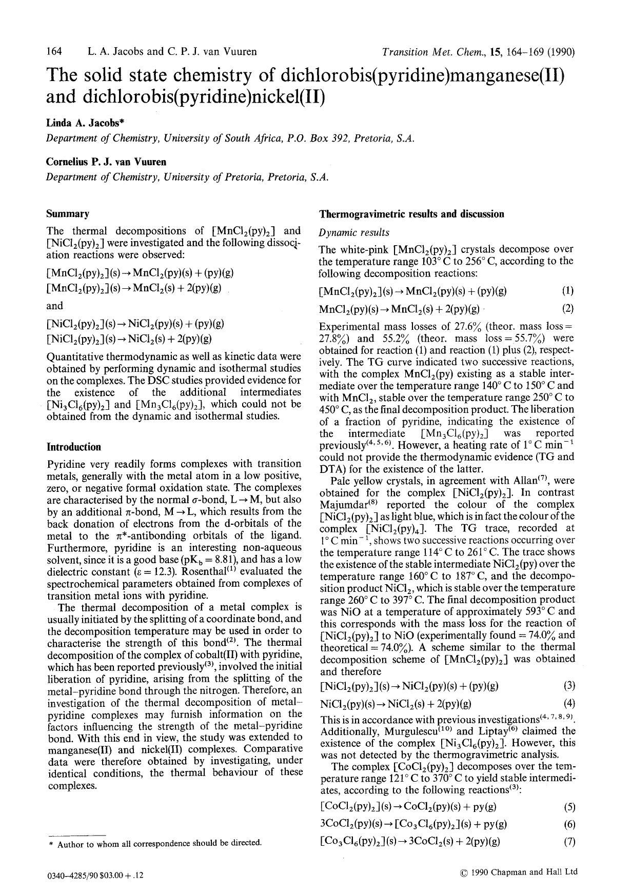 The solid state chemistry of dichlorobis(pyridine)manganese(II) and dichlorobis(pyridine)nickel(II) by Unknown