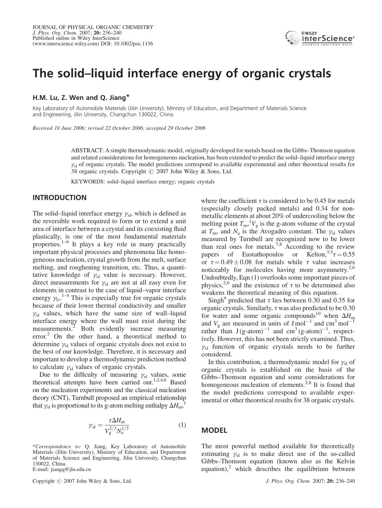 The solid-liquid interface energy of organic crystals by Unknown