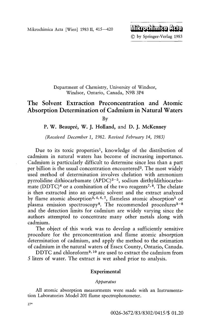 The solvent extraction preconcentration and atomic absorption determination of cadmium in natural waters by Unknown