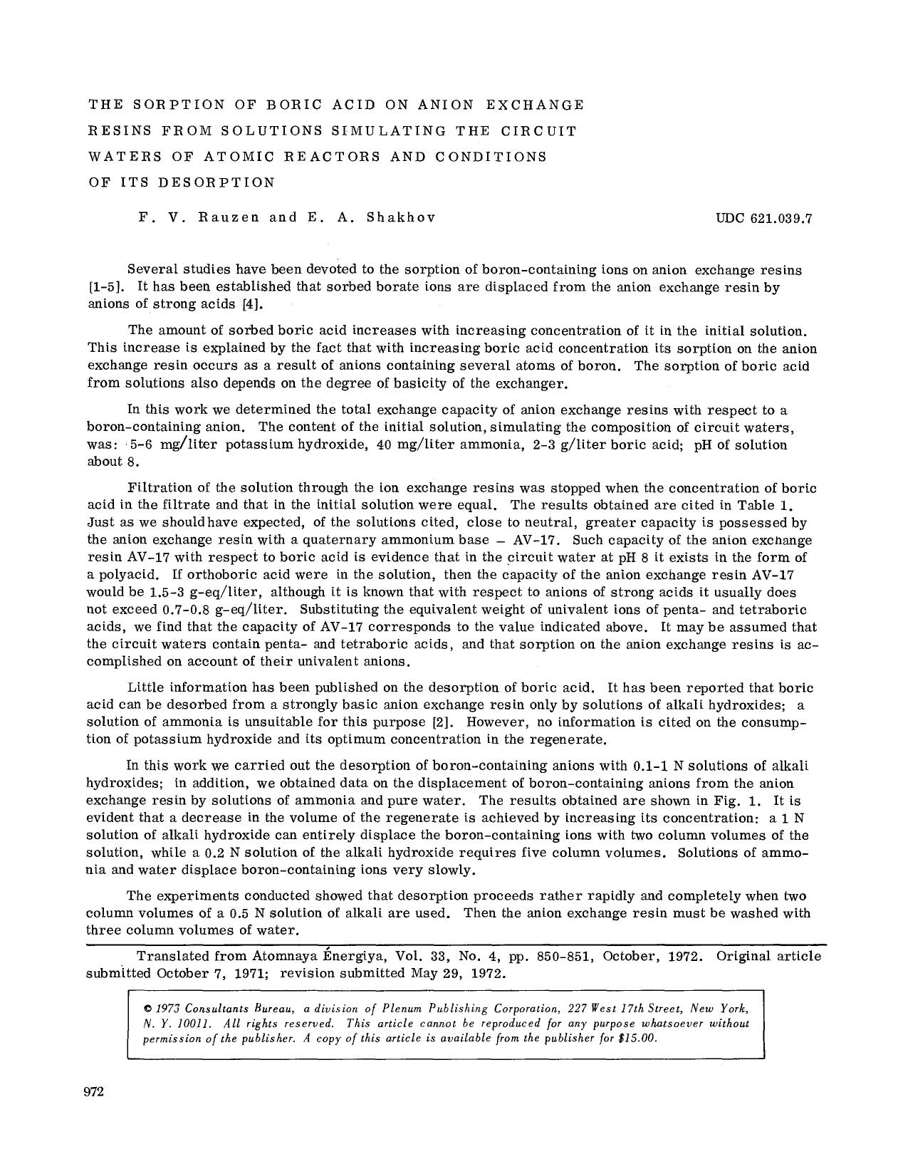 The sorption of boric acid on anion exchange resins from solutions simulating the circuit waters of atomic reactors and conditions of its desorption by Unknown