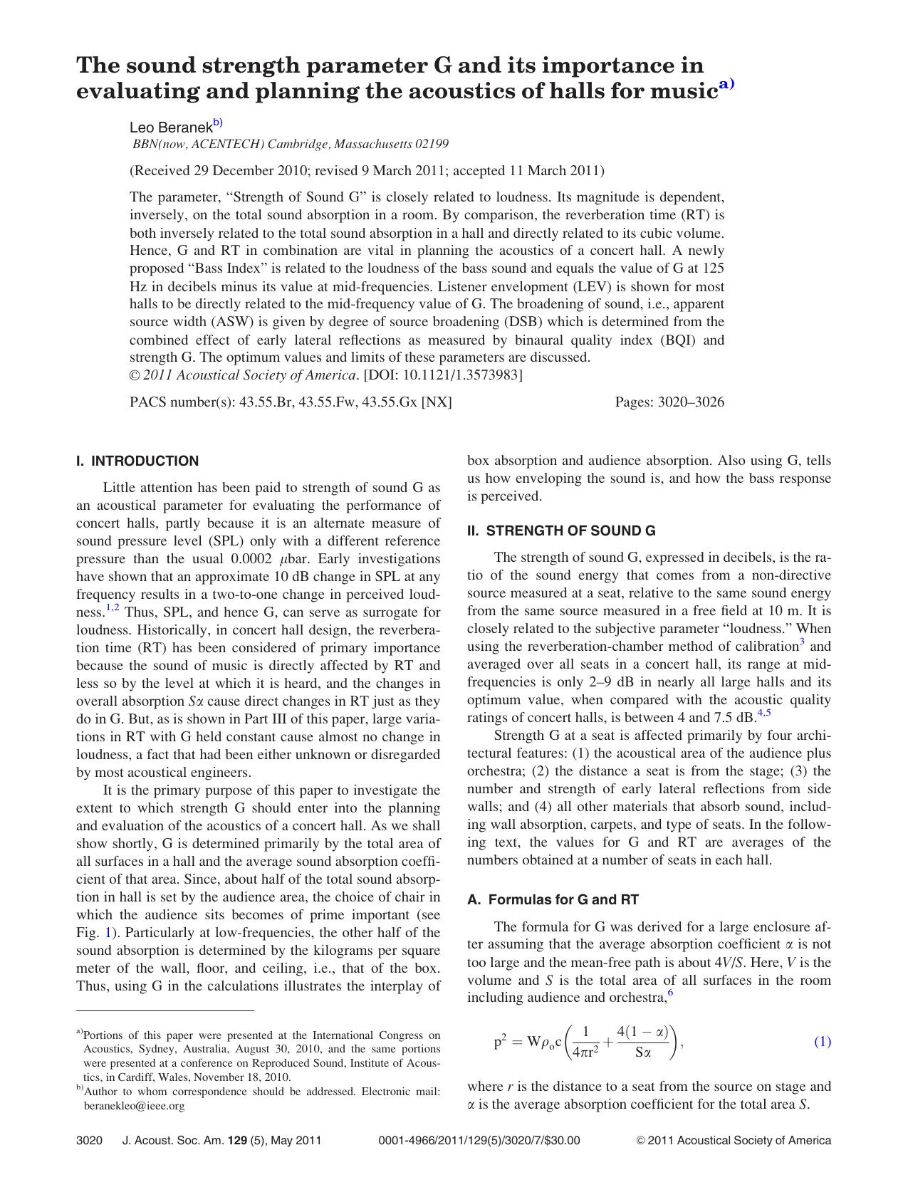 The sound strength parameter G and its importance in evaluating and planning the acoustics of halls for music by Leo Beranek