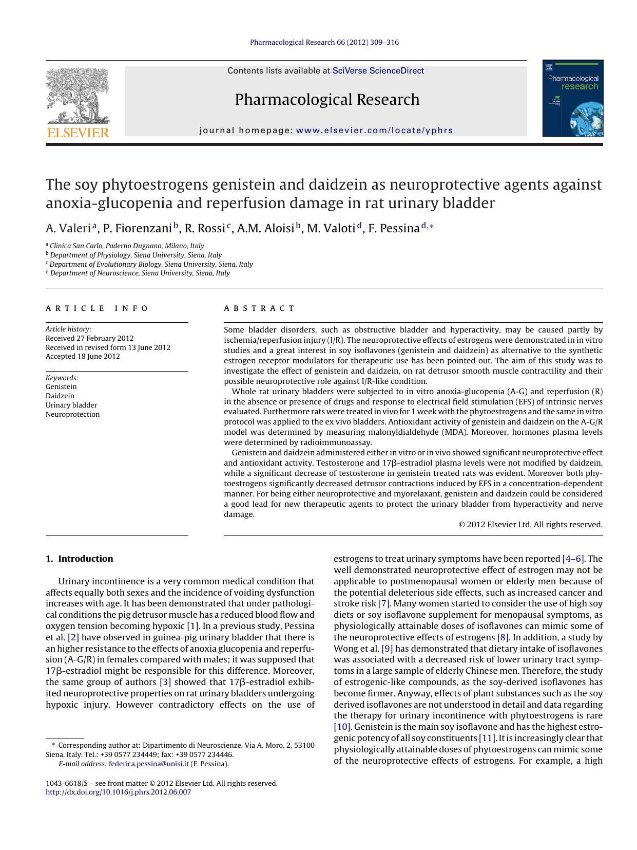 The soy phytoestrogens genistein and daidzein as neuroprotective agents against anoxia-glucopenia and reperfusion damage in rat urinary bladder by A. Valeri & P. Fiorenzani & R. Rossi & A.M. Aloisi & M. Valoti & F. Pessina