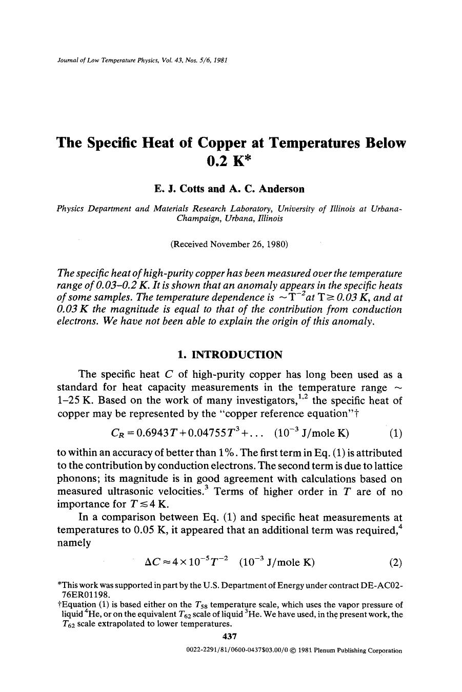 The specific heat of copper at temperatures below 0.2 K by Unknown