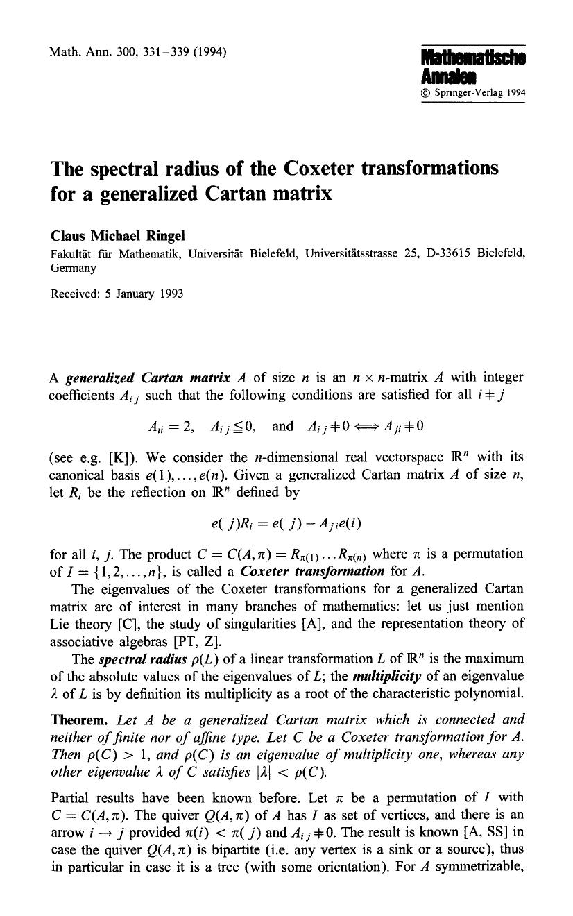The spectral radius of the Coxeter transformations for a generalized Cartan matrix by Unknown