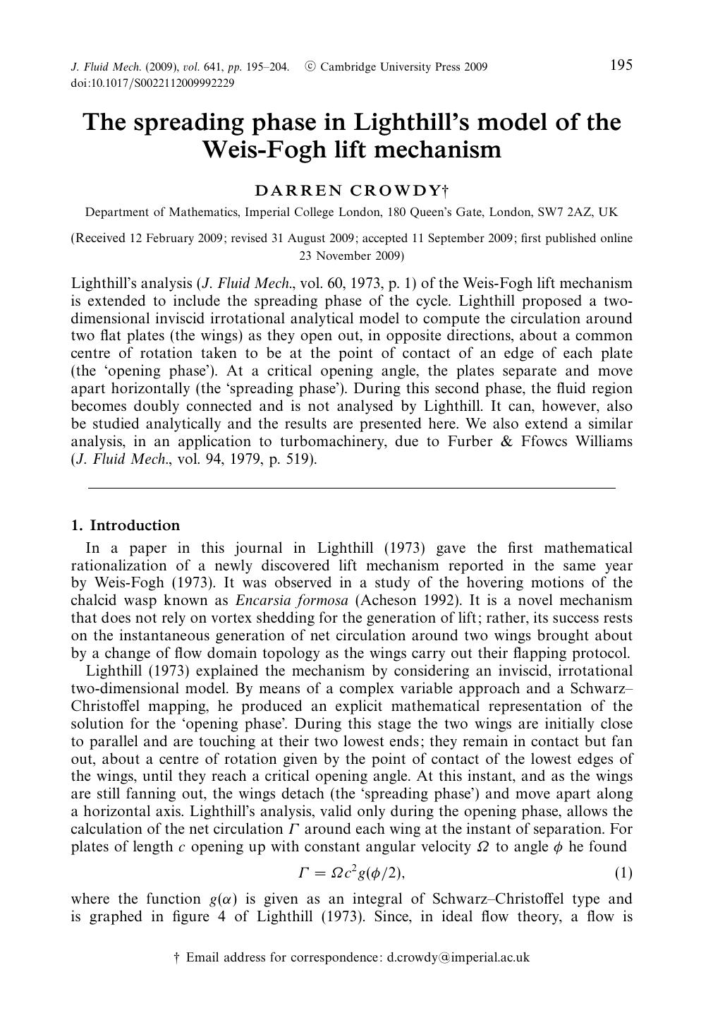 The spreading phase in Lighthill's model of the Weis-Fogh lift mechanism by DARREN CROWDY