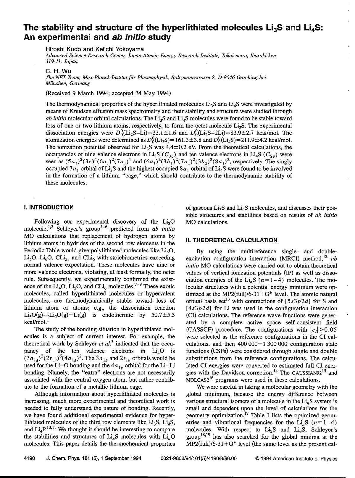 The stability and structure of the hyperlithiated molecules Li3S and Li4S: An experimental and ab initio study by Hiroshi Kudo; Keiichi Yokoyama; C. H. Wu