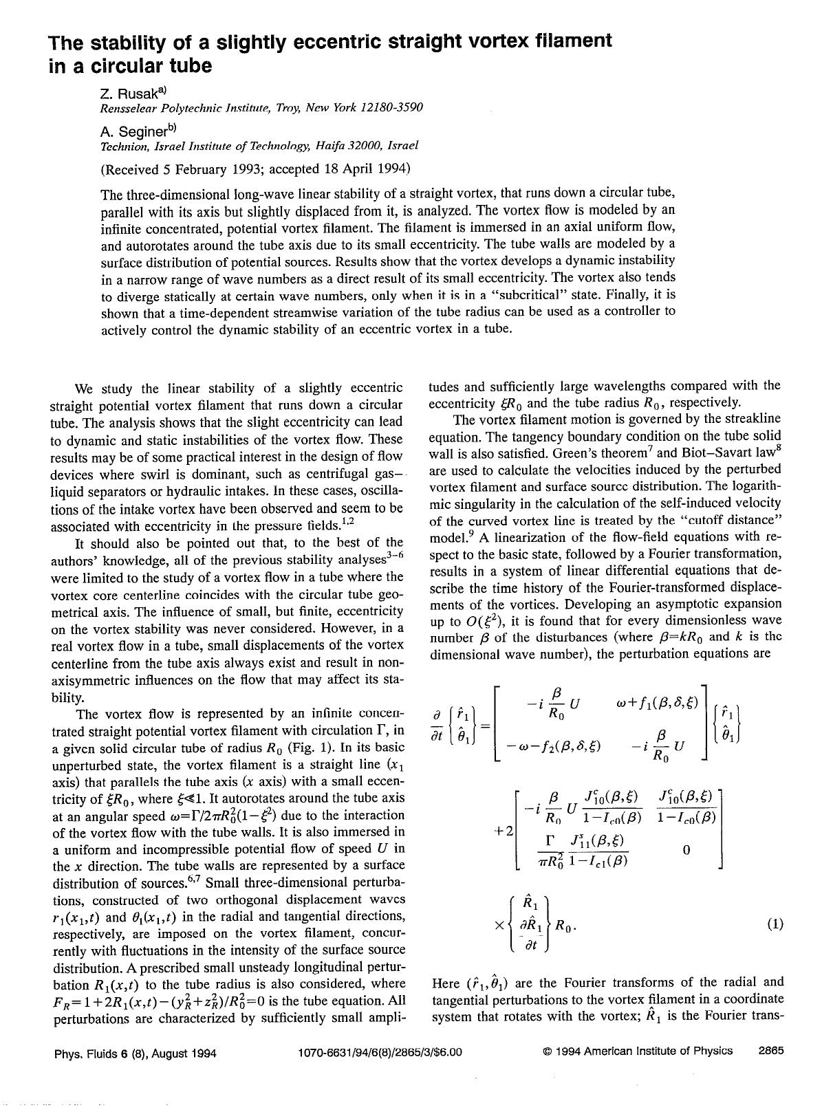 The stability of a slightly eccentric straight vortex filament in a circular tube by Z. Rusak; A. Seginer