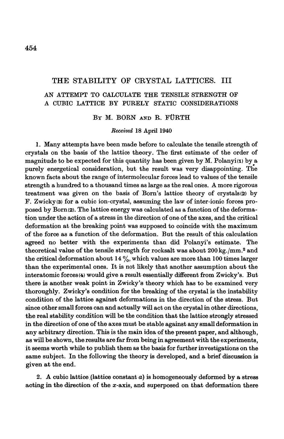 The stability of crystal lattices. III by M. Born R. Fürth