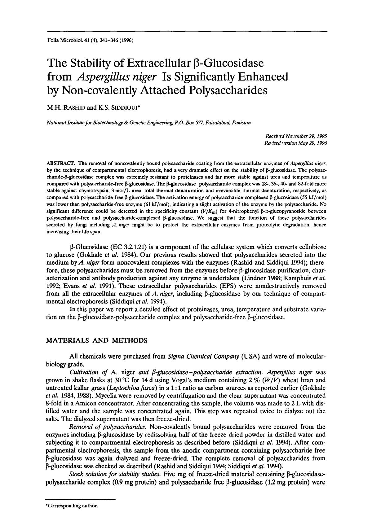 The stability of extracellular β-glucosidase from <Emphasis Type="Italic">Aspergillus niger <Emphasis> is significantly enhanced by non-covalently attached polysaccharides by Unknown
