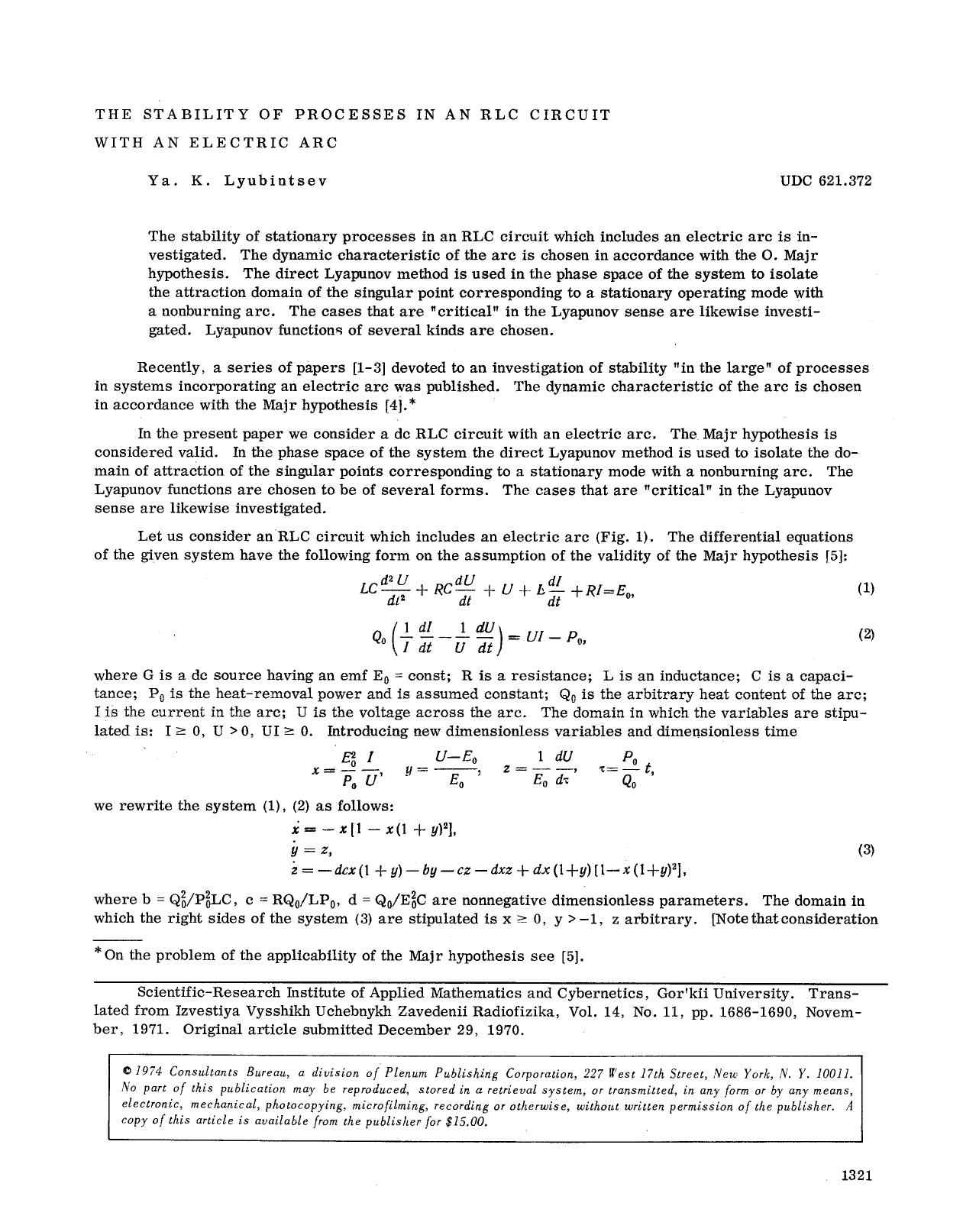 The stability of processes in an RLC circuit with an electric arc by Unknown