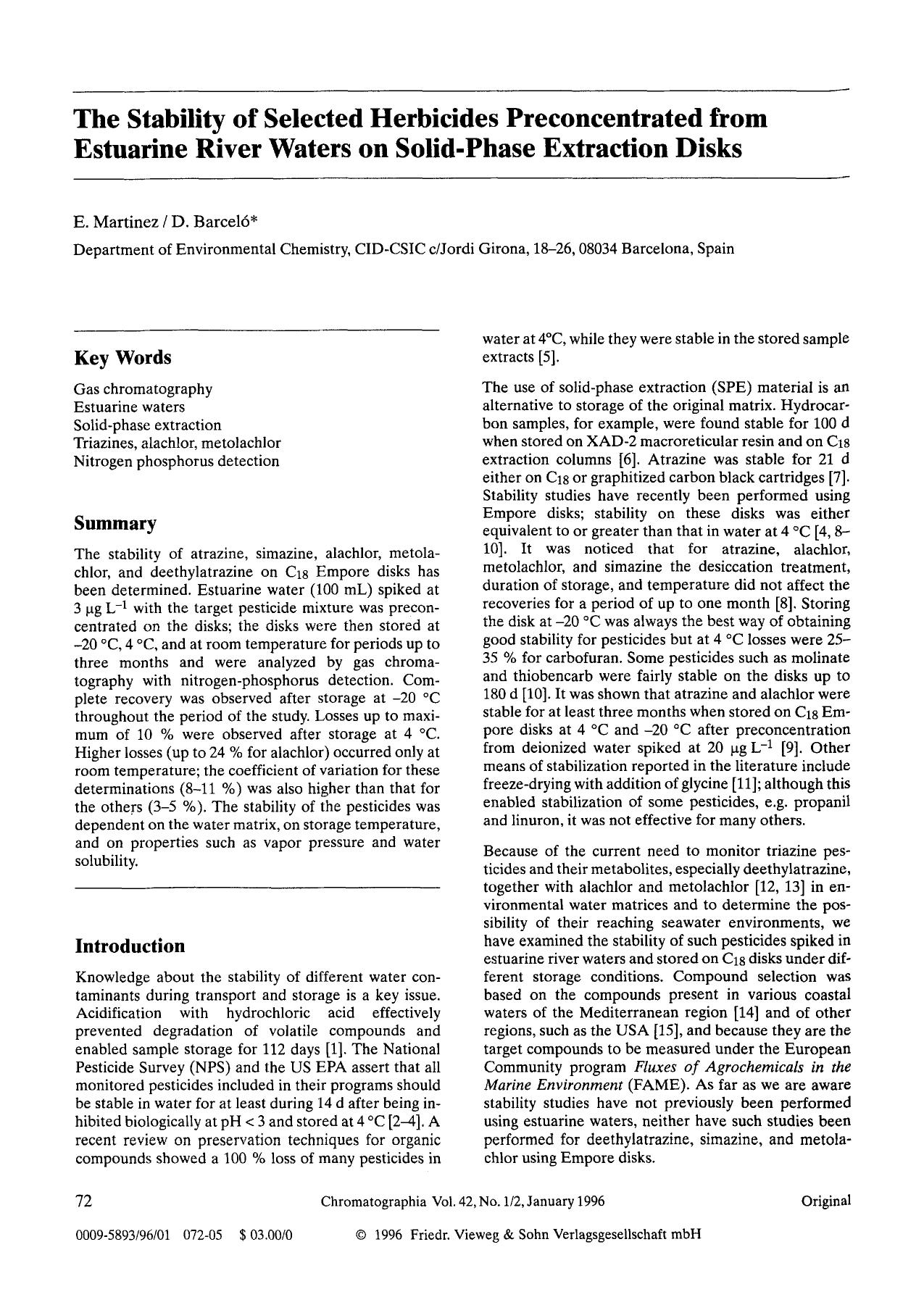 The stability of selected herbicides preconcentrated from estuarine river waters on solid-phase extraction disks by Unknown