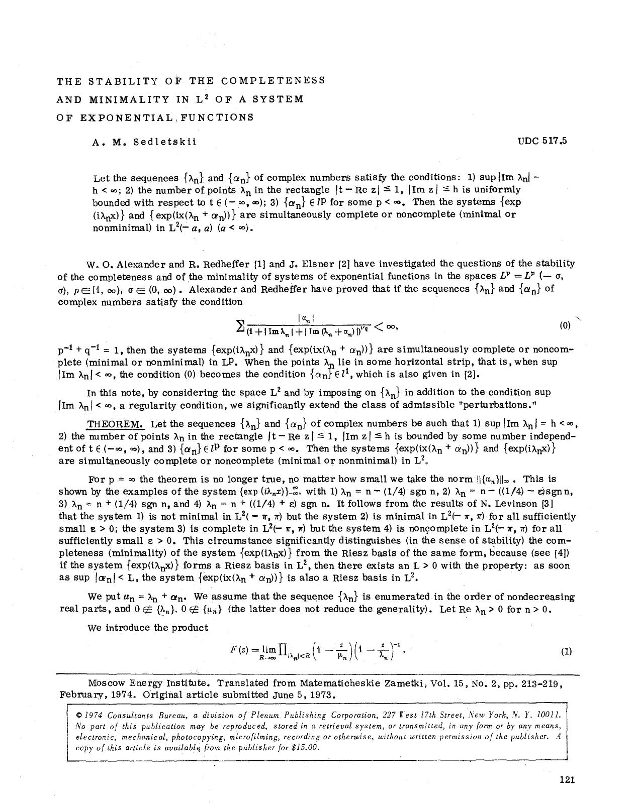 The stability of the completeness and minimality in L <Superscript>2 <Superscript> of a system of exponential functions by Unknown