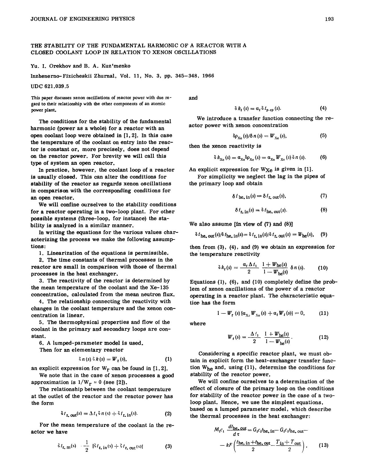 The stability of the fundamental harmonic of a reactor with a closed coolant loop in relation to xenon oscillations by Unknown