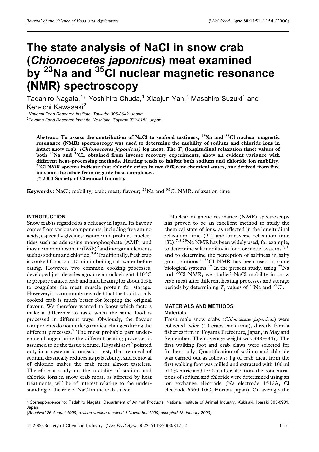 The state analysis of NaCl in snow crab (Chionoecetes japonicus) meat examined by 23Na and 35Cl nuclear magnetic resonance (NMR) spectroscopy by Unknown