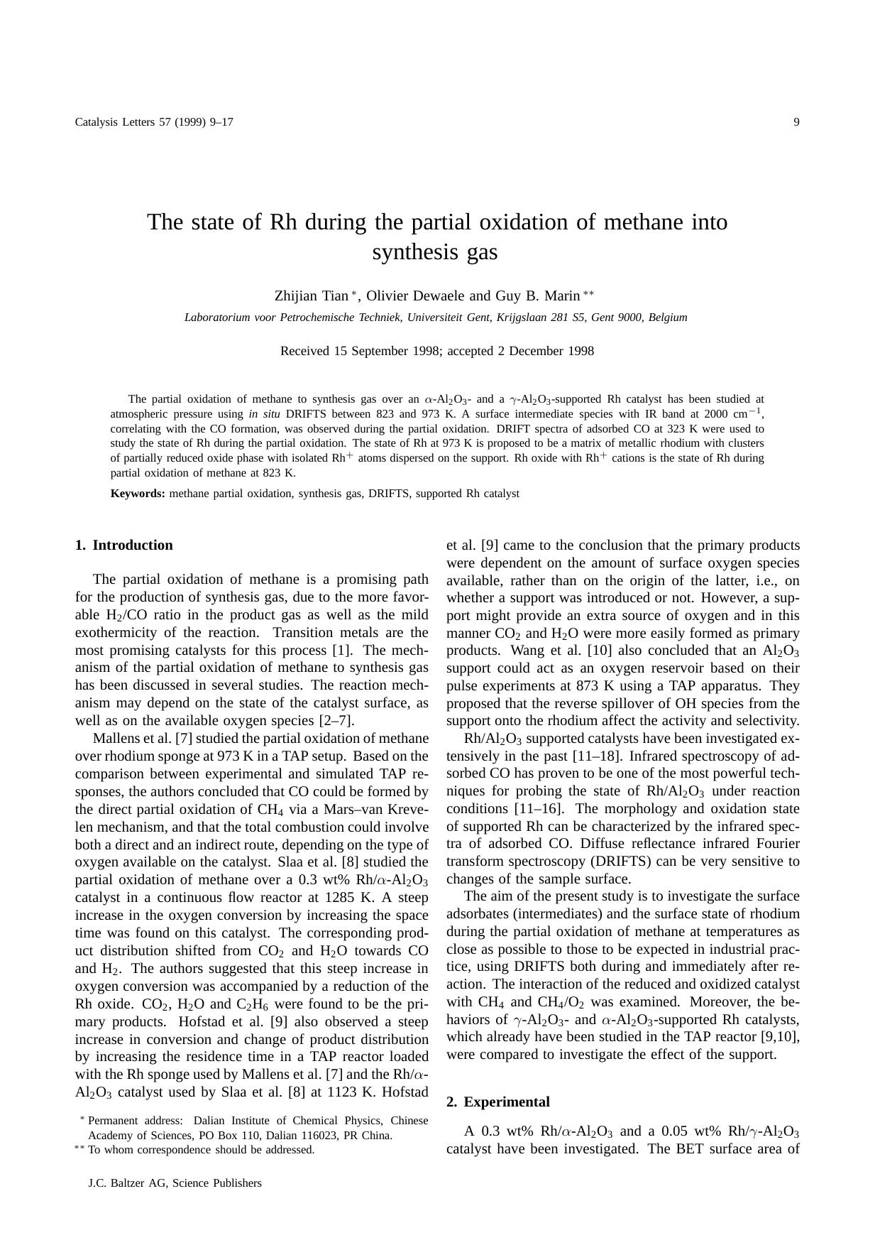The state of Rh during the partial oxidation of methane into synthesis gas by Unknown