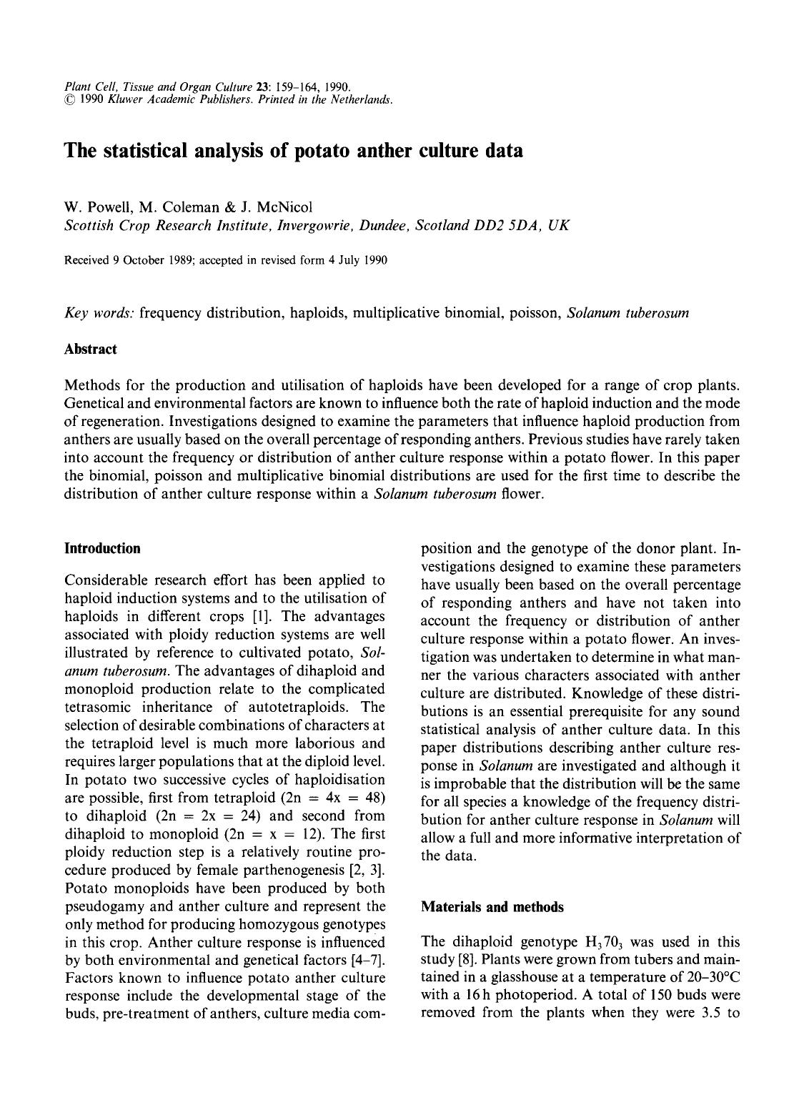 The statistical analysis of potato anther culture data by Unknown