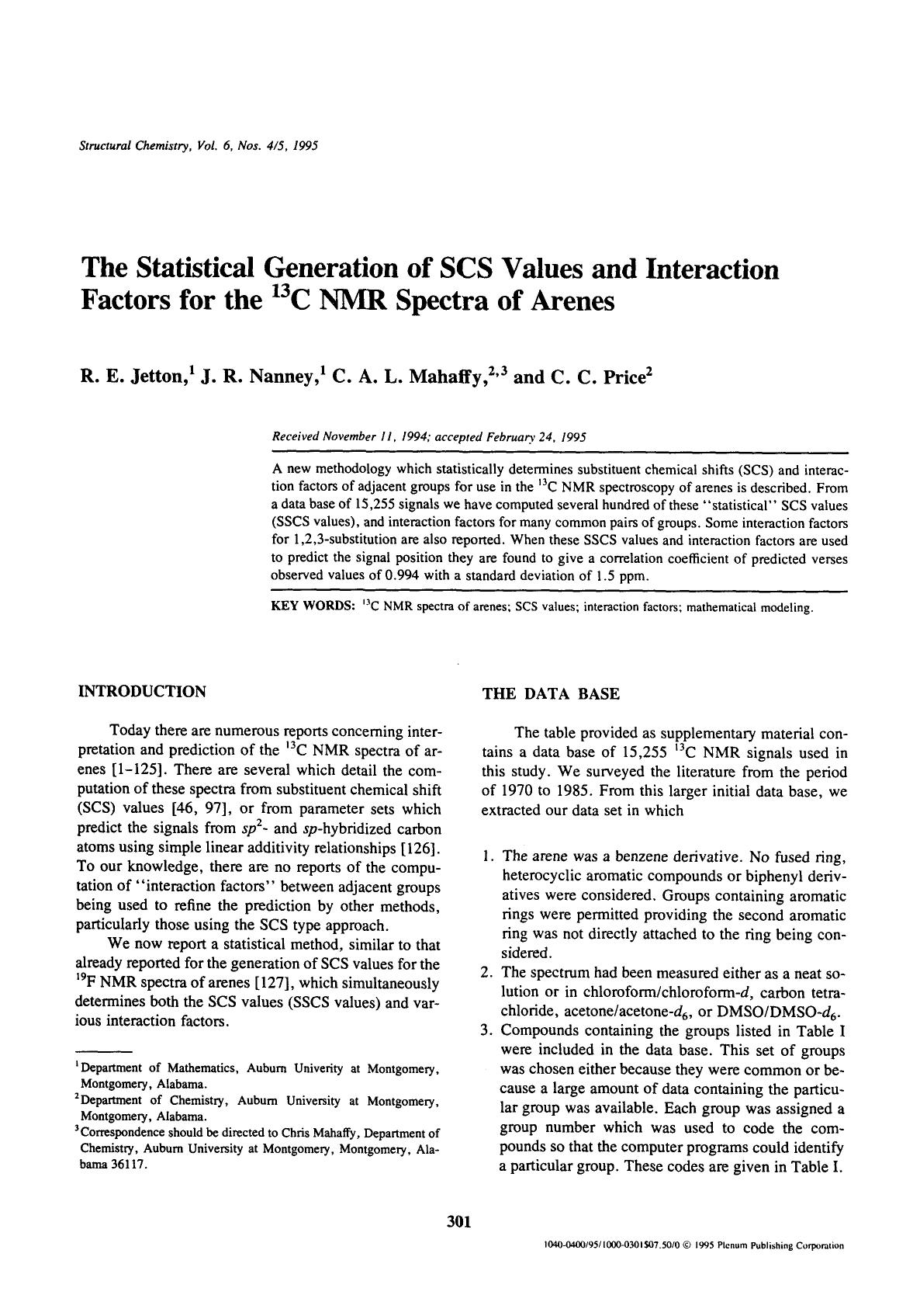 The statistical generation of SCS values and interaction factors for the <Superscript>13 <Superscript>C NMR spectra of arenes by Unknown