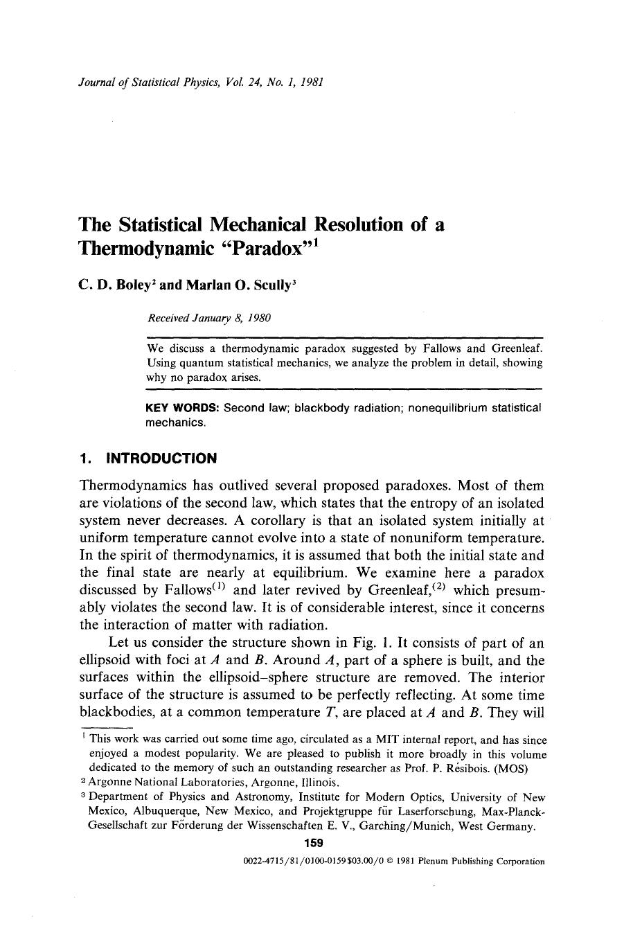 The statistical mechanical resolution of a thermodynamic “paradox” by Unknown