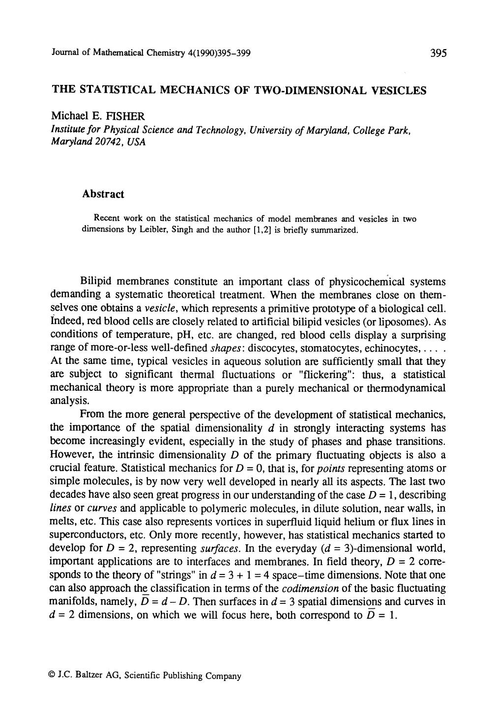 The statistical mechanics of two-dimensional vesicles by Unknown