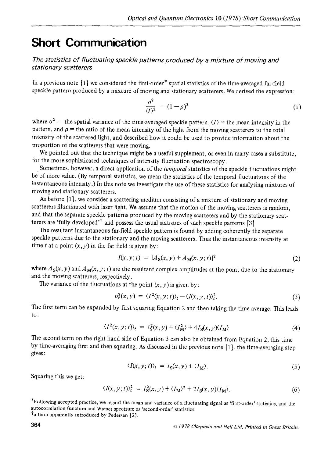 The statistics of fluctuating speckle patterns produced by a mixture of moving and stationary scatterers by Unknown