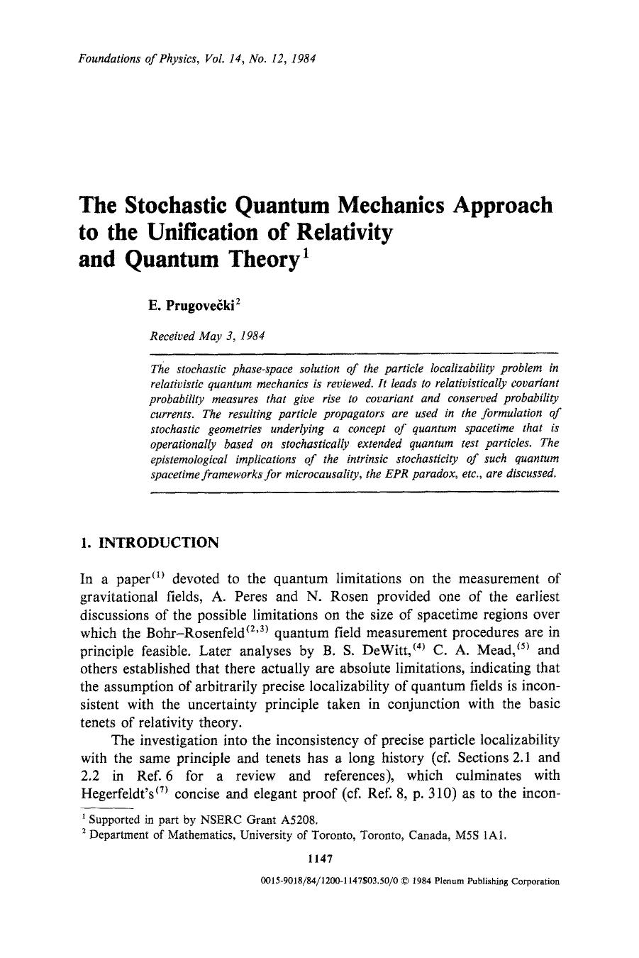 The stochastic quantum mechanics approach to the unification of relativity and quantum theory by Unknown
