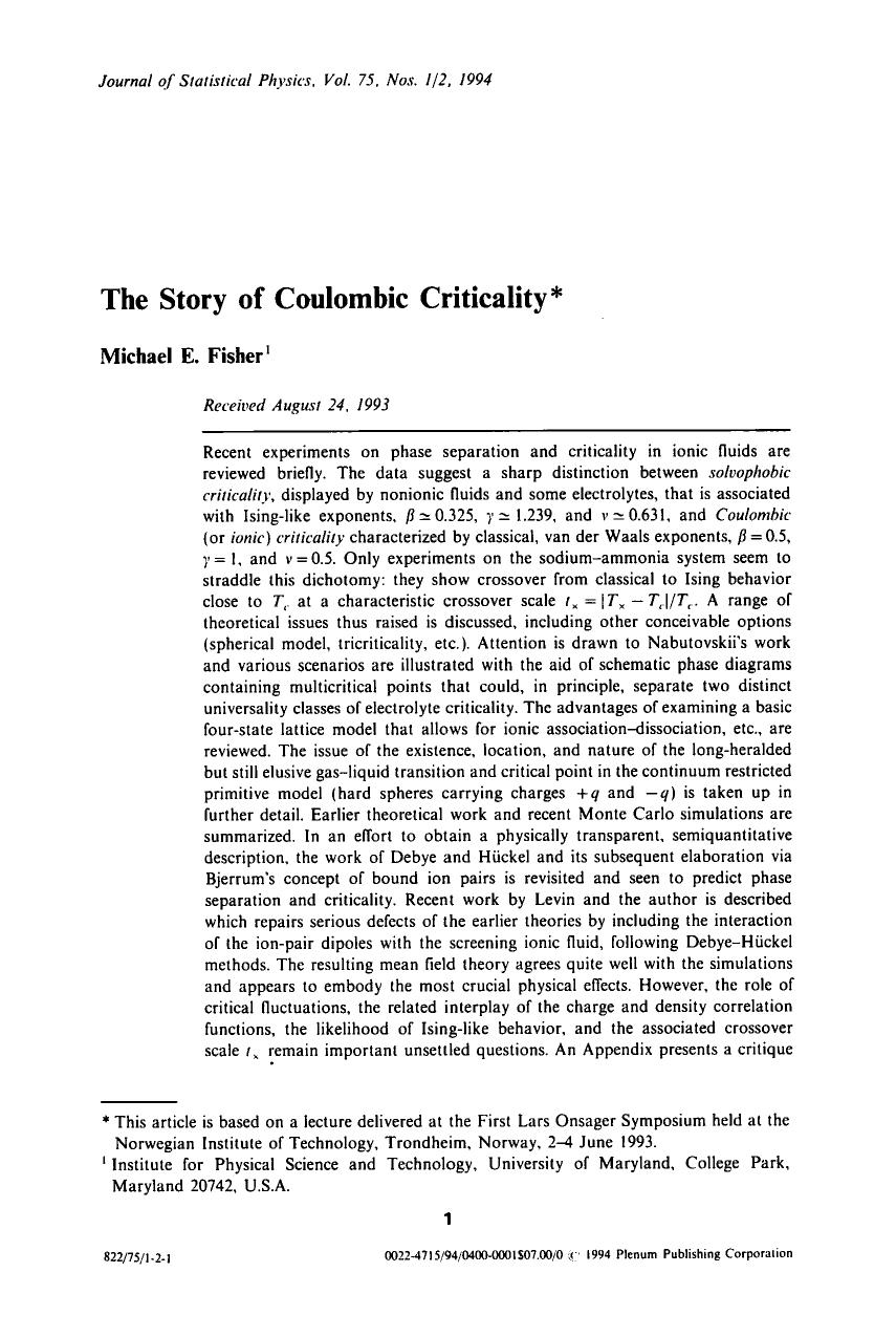 The story of coulombic critiality by Unknown