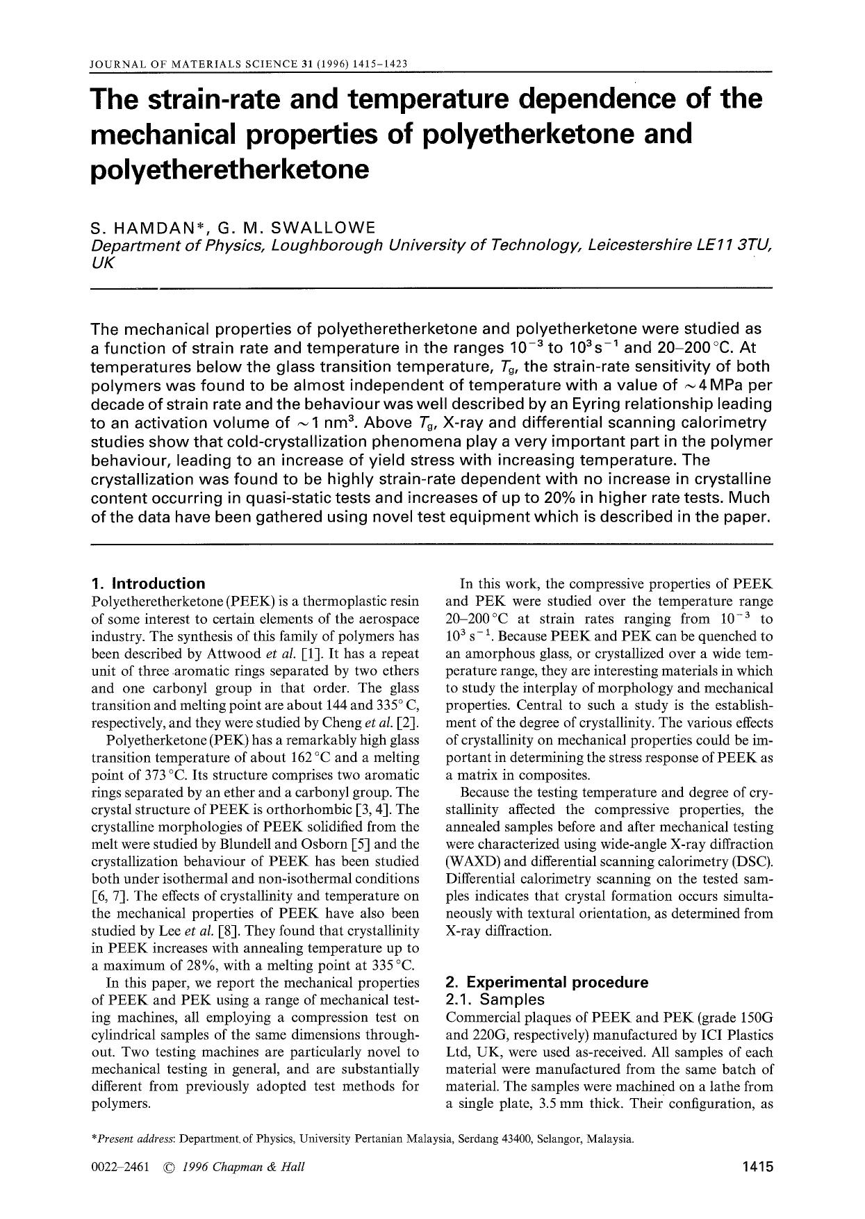 The strain-rate and temperature dependence of the mechanical properties of polyetherketone and polyetheretherketone by Unknown