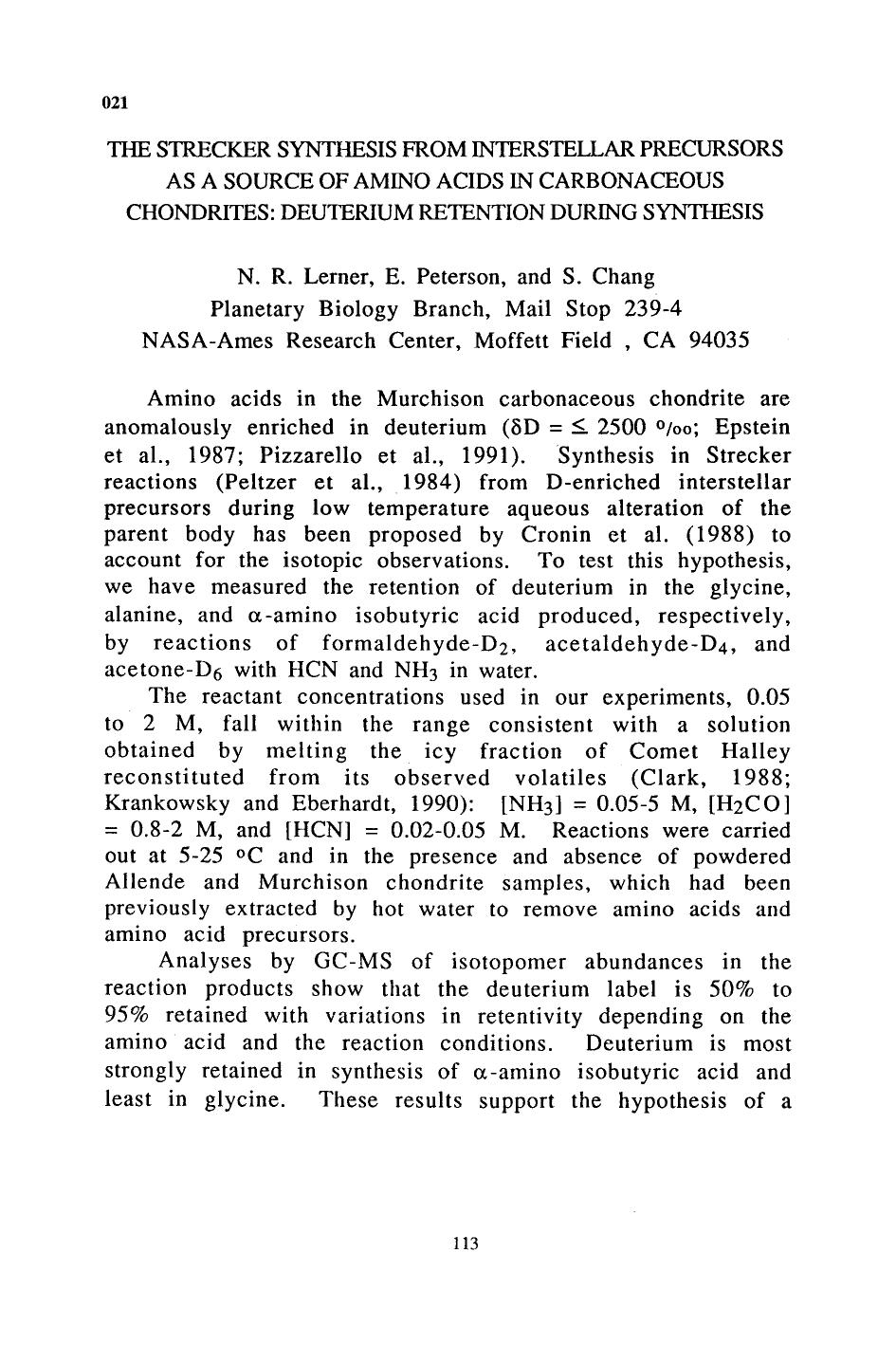 The strecker synthesis from interstellar precursors as a source of amino acids in carbonaceous chondrites: Deuterium retention during synthesis by Unknown