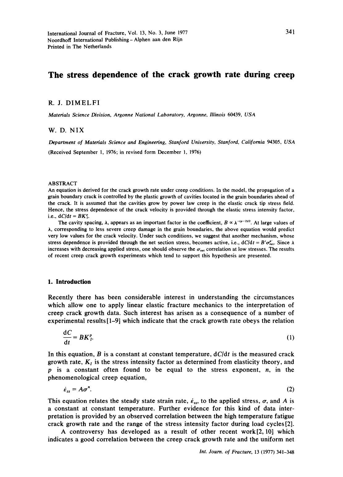 The stress dependence of the crack growth rate during creep by Unknown