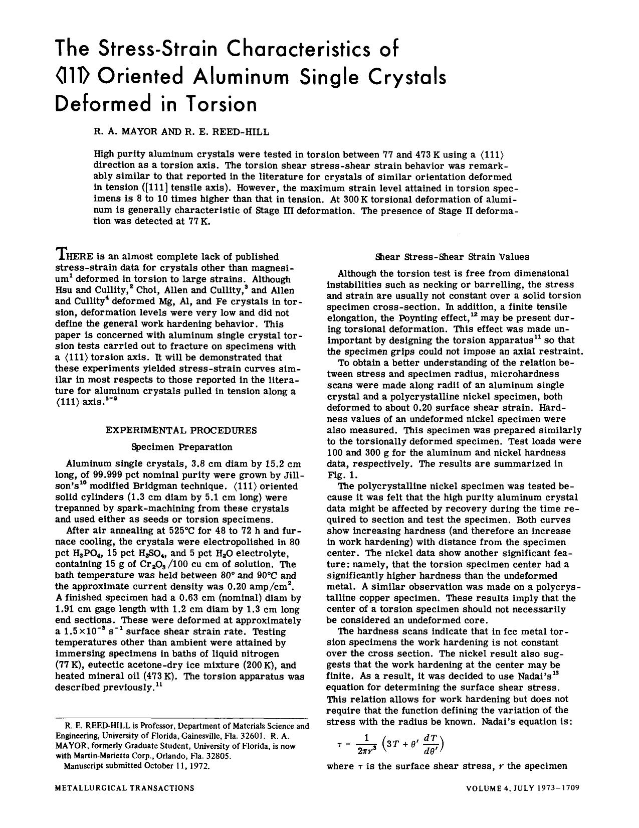 The stress-strain characteristics of 〈111〉 oriented aluminum single crystals deformed in torsion by Unknown